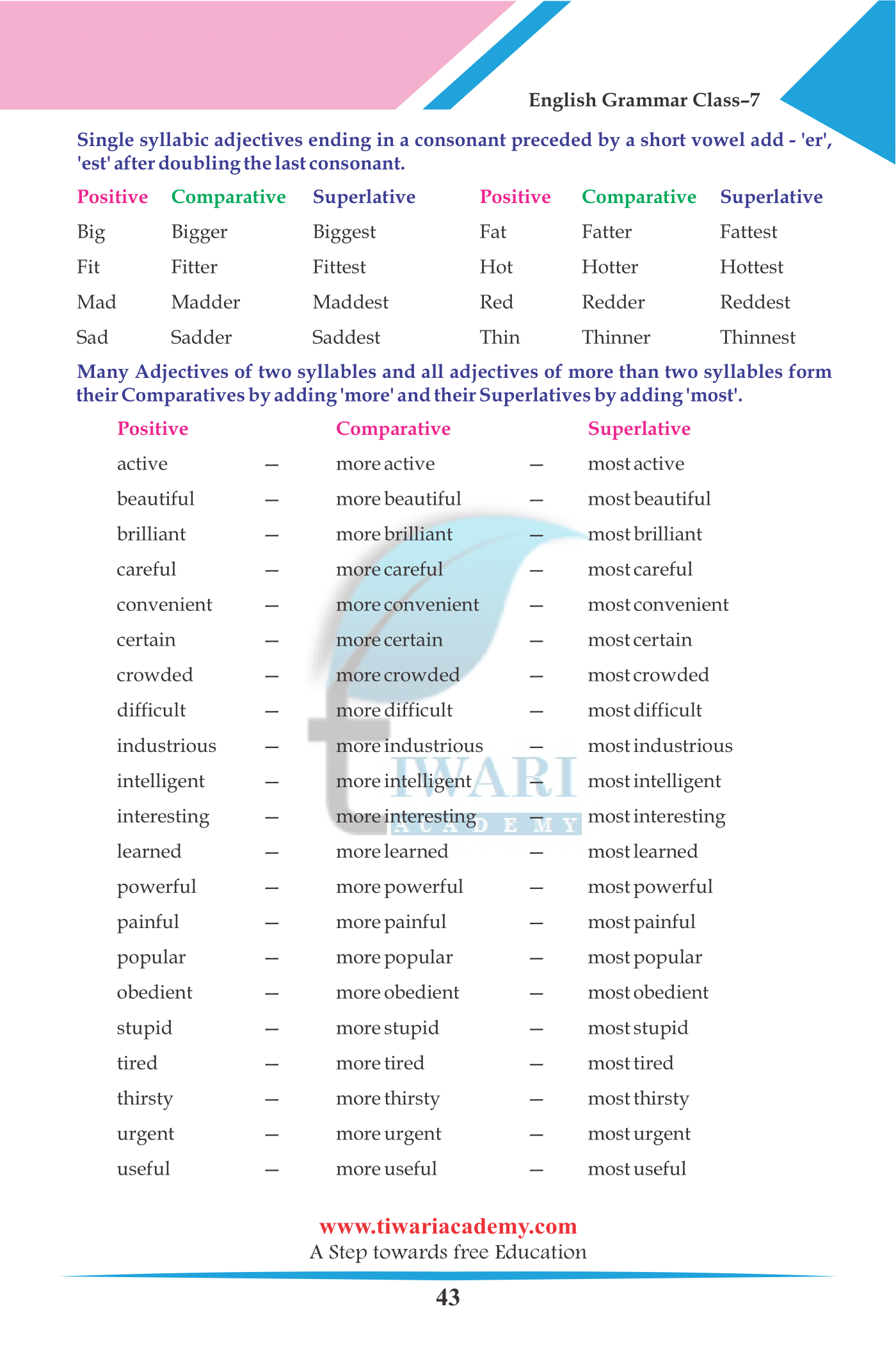 Class 7 English Grammar Chapter 7 The Adjective for session 2022-2023.