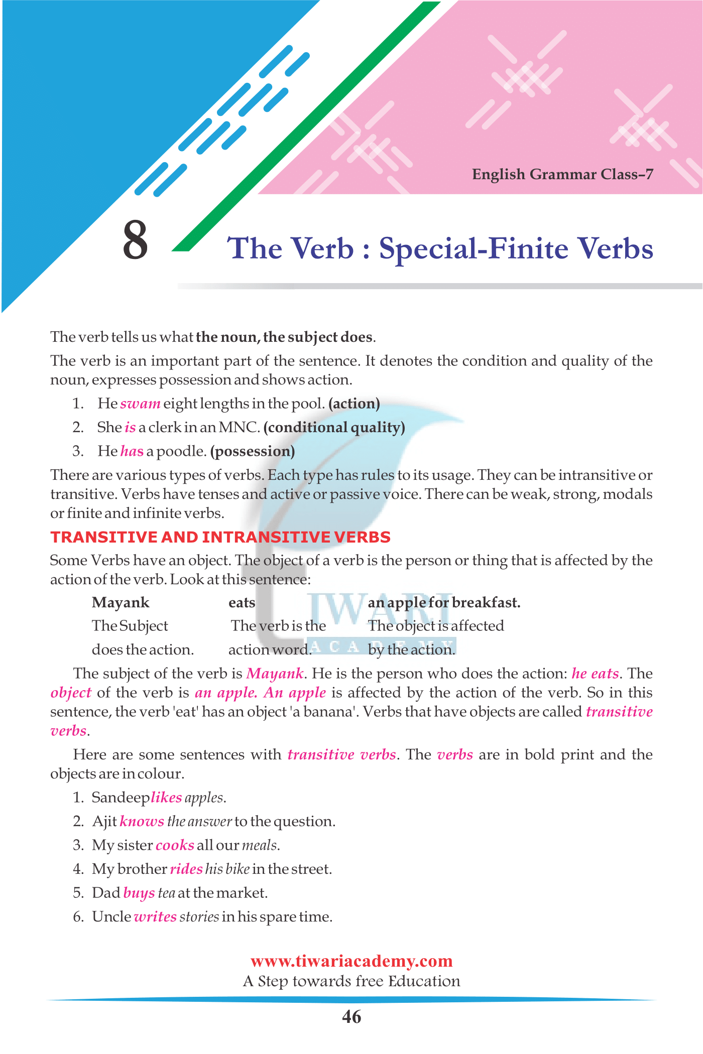 Class 7 English Grammar Chapter 8 The Verb Special Finite Verbs 2022-2023