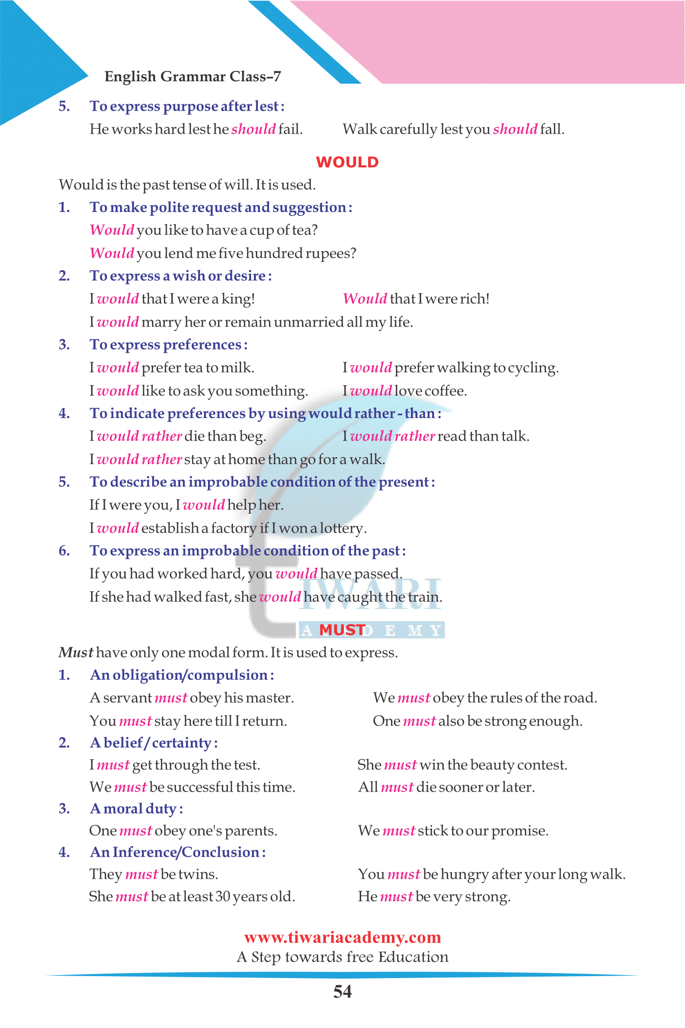 Class 7 English Grammar Chapter 8 The Verb Special Finite Verbs PDF