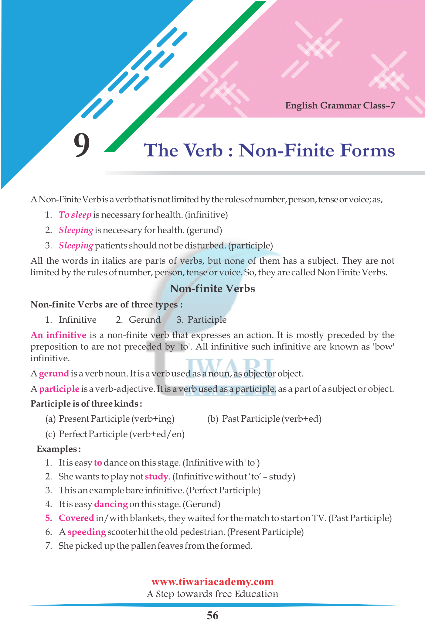Class 7 English Grammar Chapter 9 The Verb Non-Finite Forms with examples