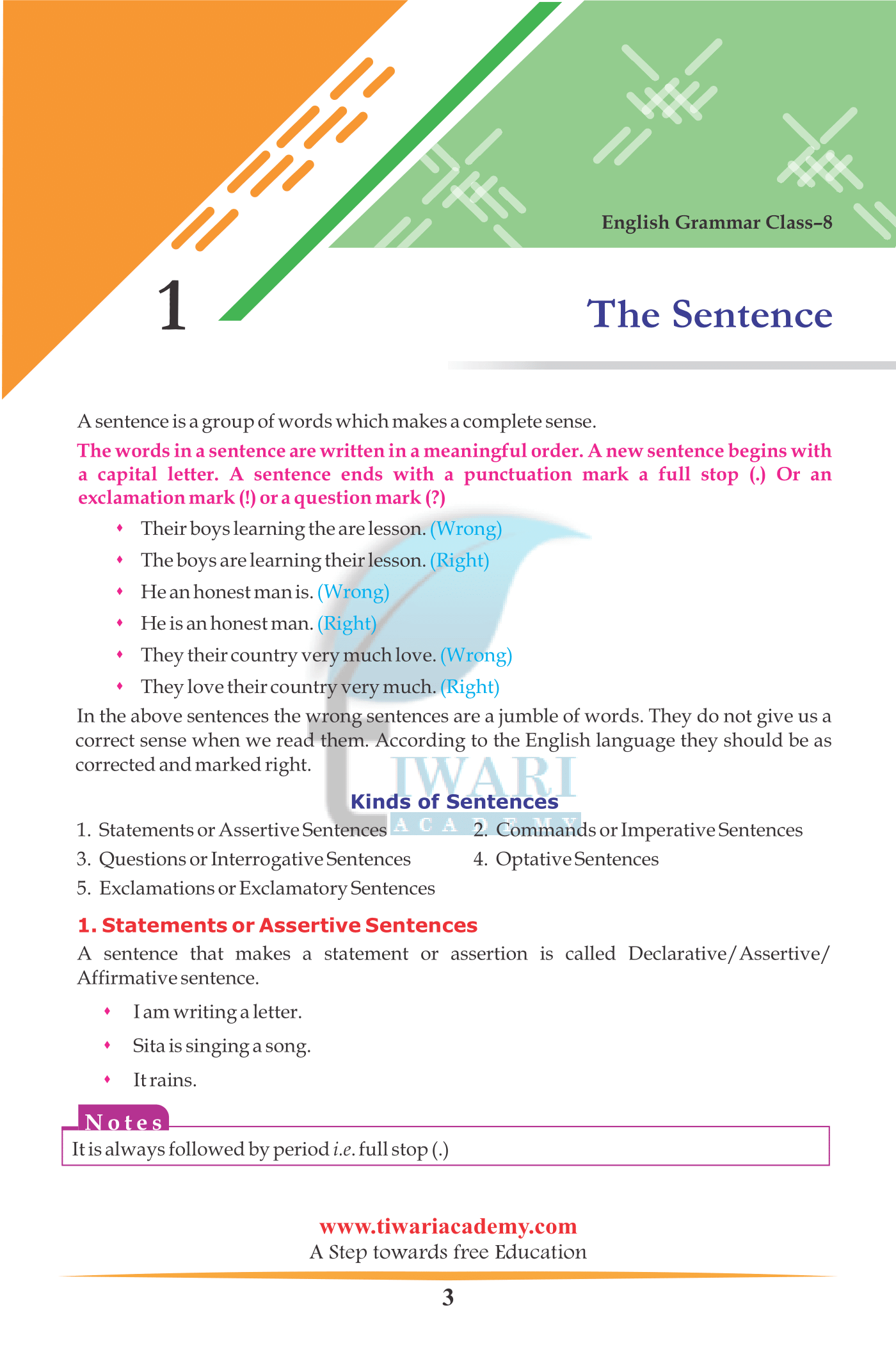Class 8 English Grammar Chapter 1 The Sentence with examples
