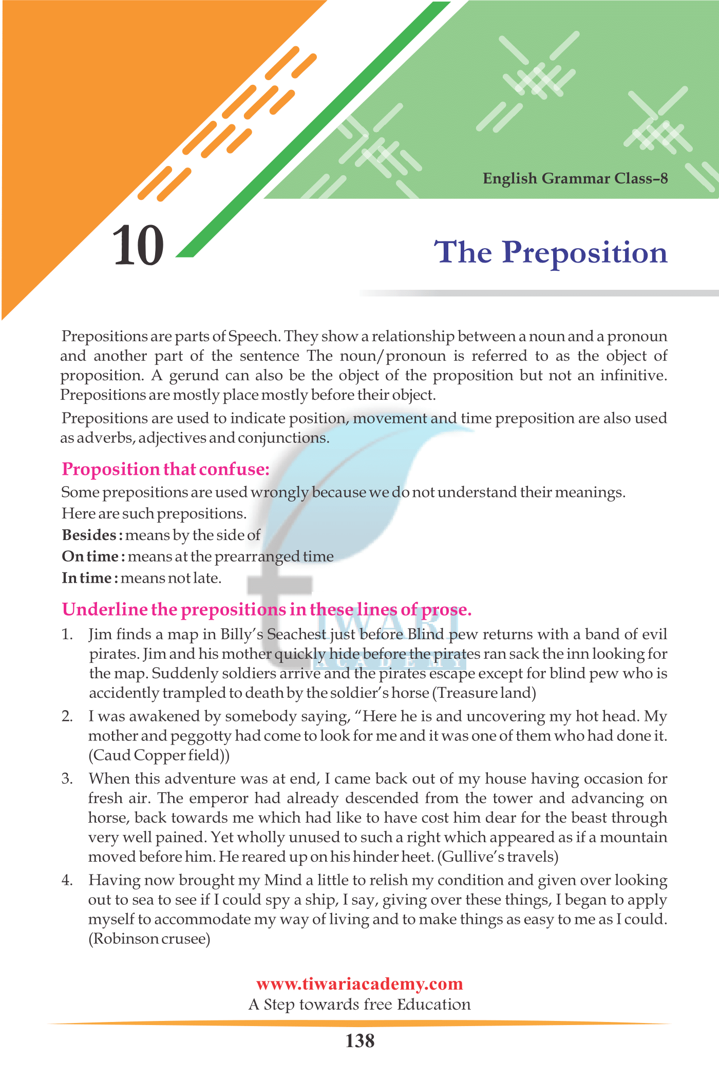 Class 8 English Grammar Chapter 10 The Preposition for CBSE 2022-2023