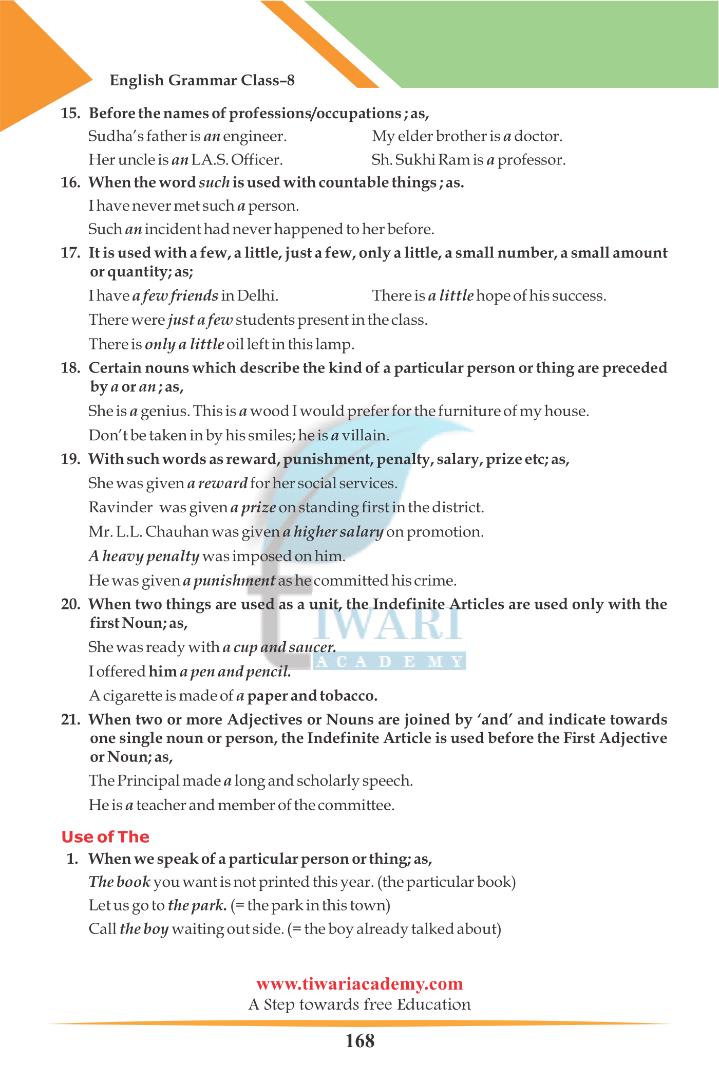 Class 8 English Grammar Chapter 13 The Article a, an the