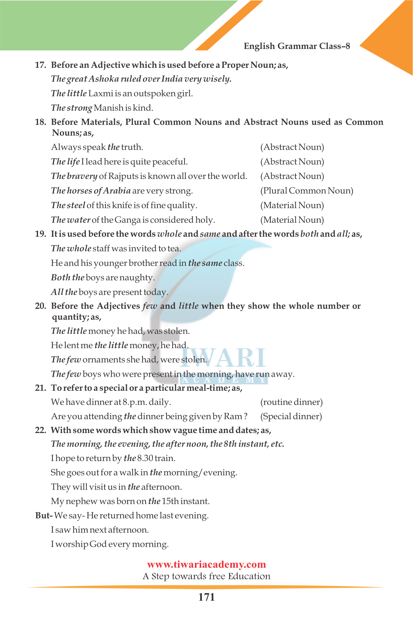 Articles for class 8 Grammar