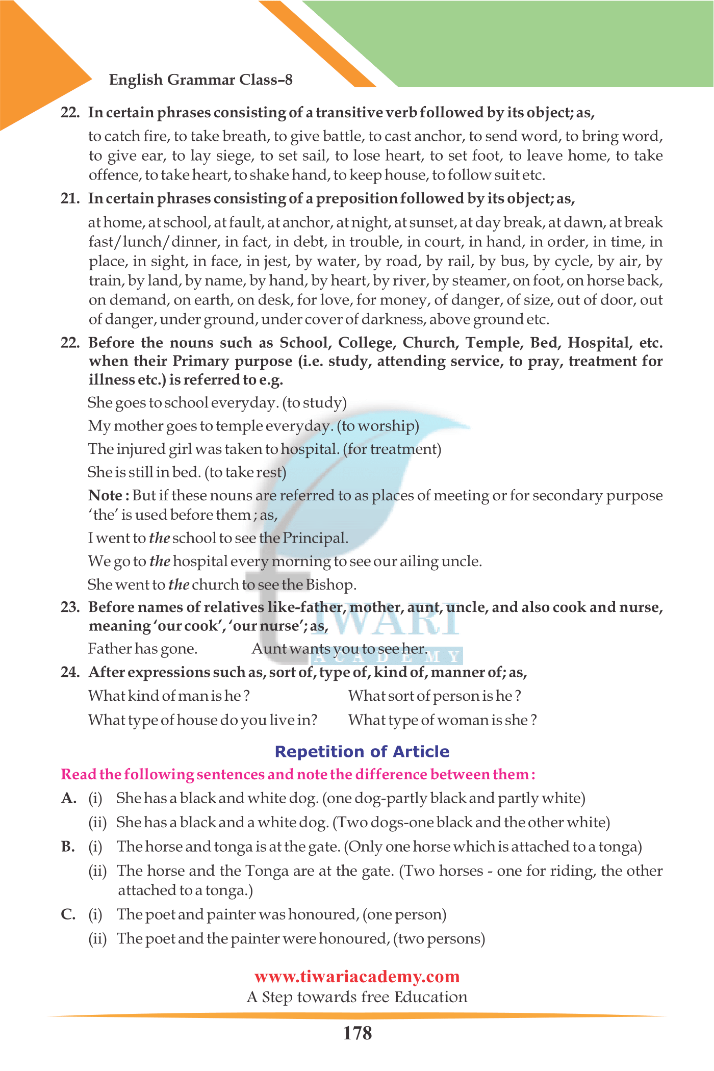 Class 8 English Grammar Chapter 13 The Article Examples
