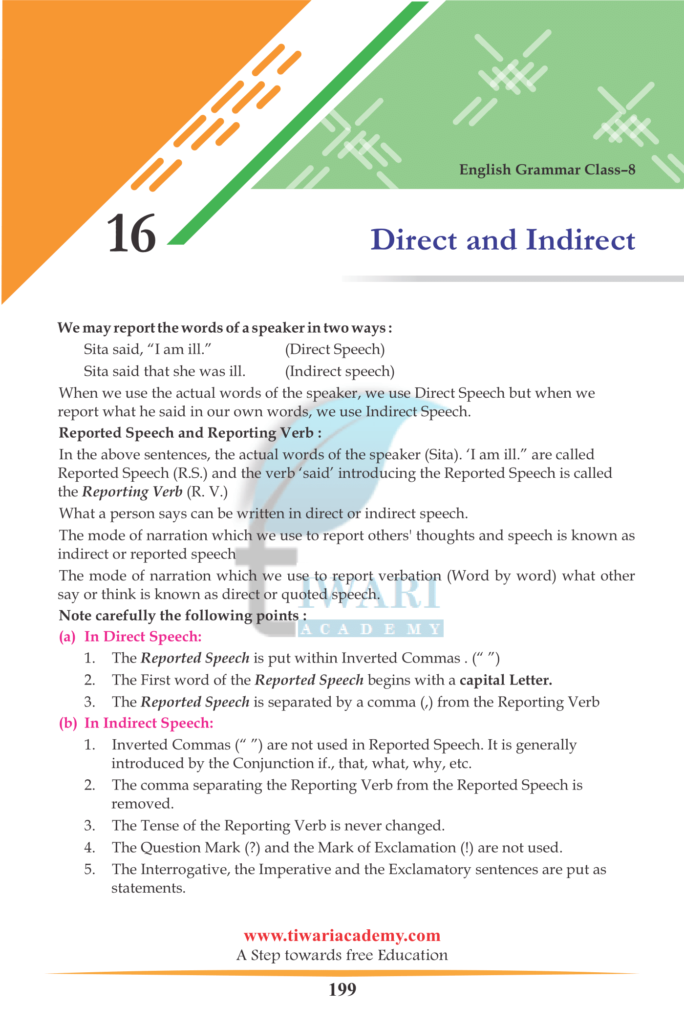 Class 8 English Grammar Chapter 16 Direct and Indirect Speech CBSE 2023-2024