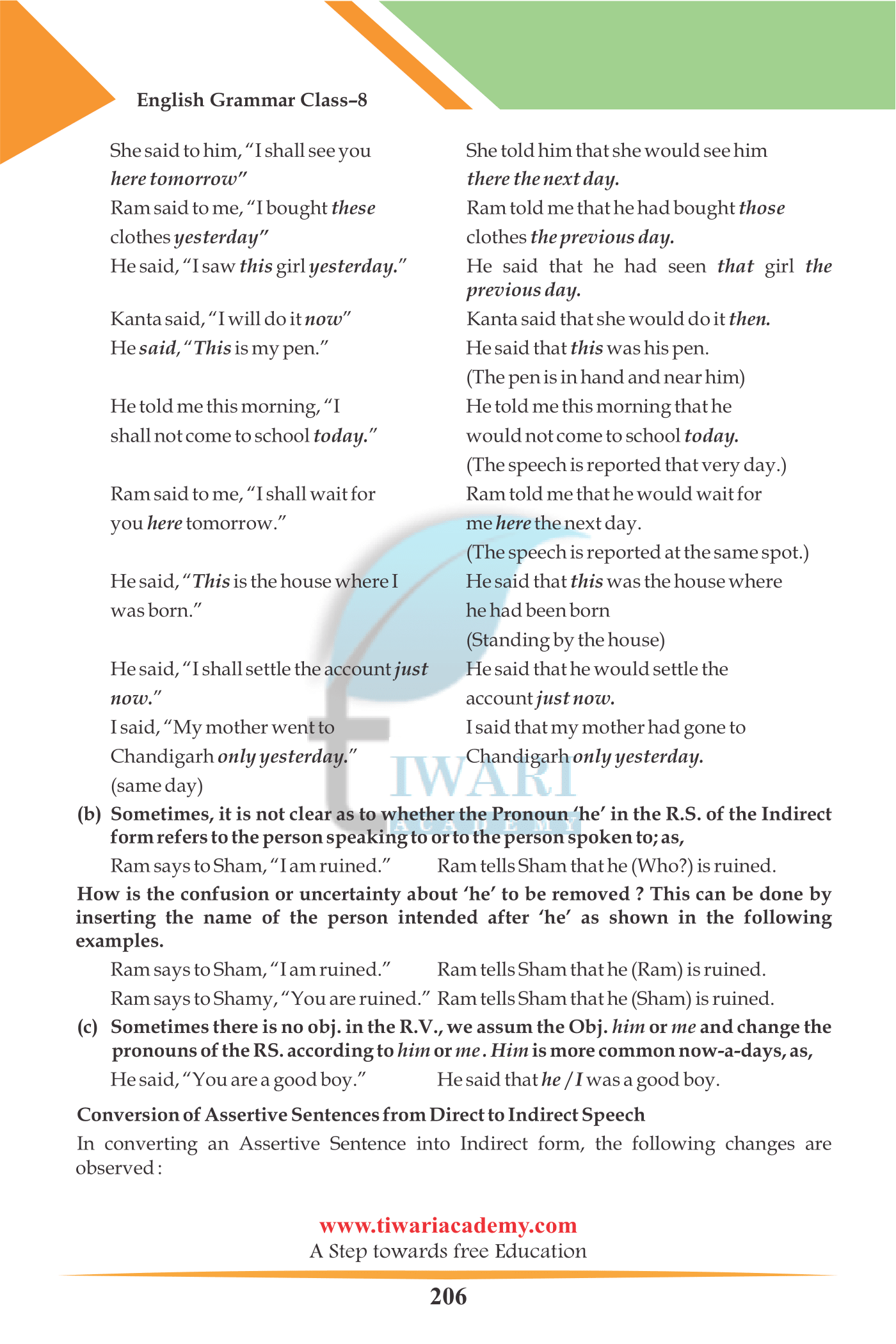 Examples of Direct and Indirect Speech for class 8