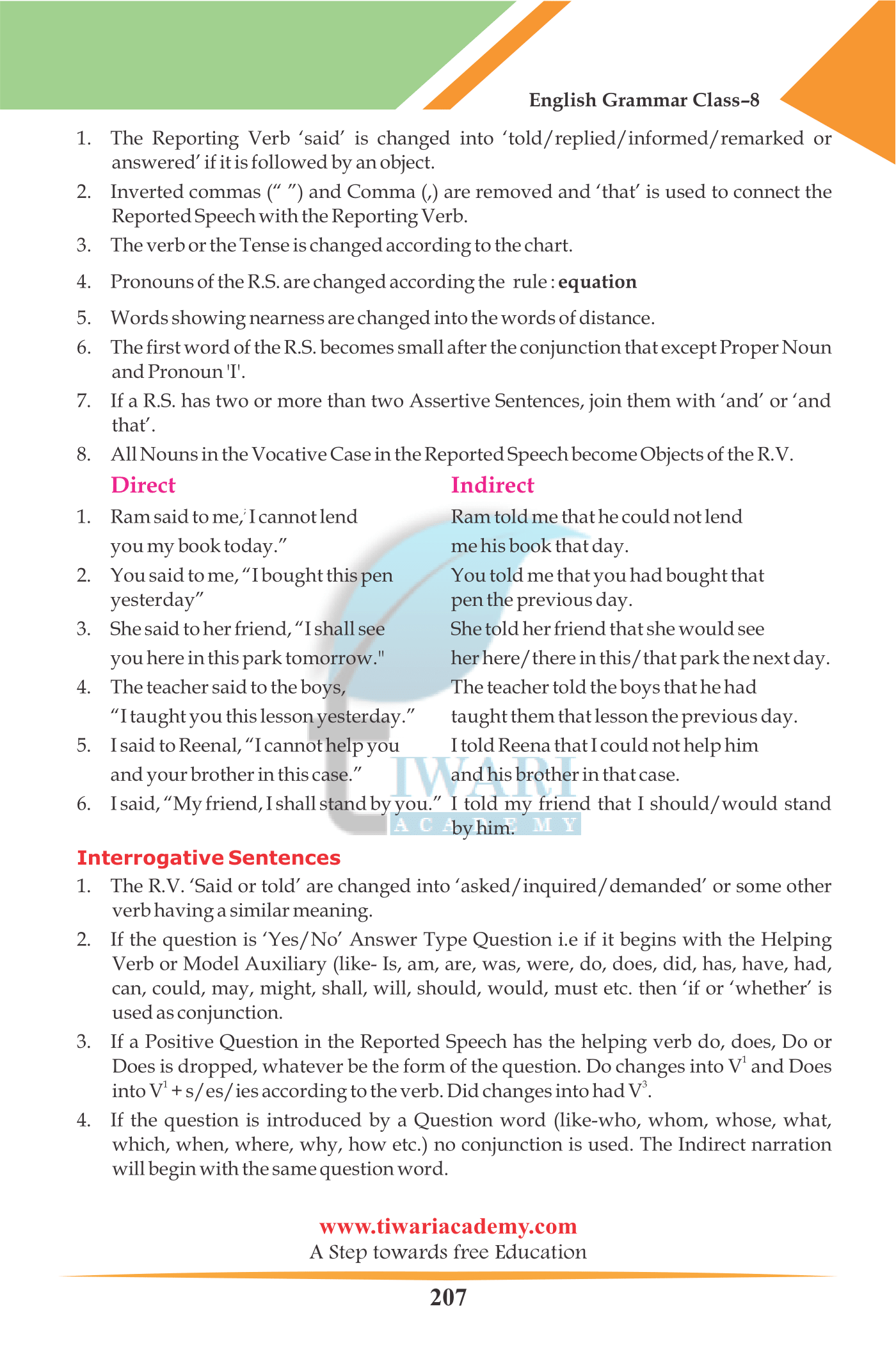 NCERT Solutions for class 8 English Grammar Direct and Indirect Speech