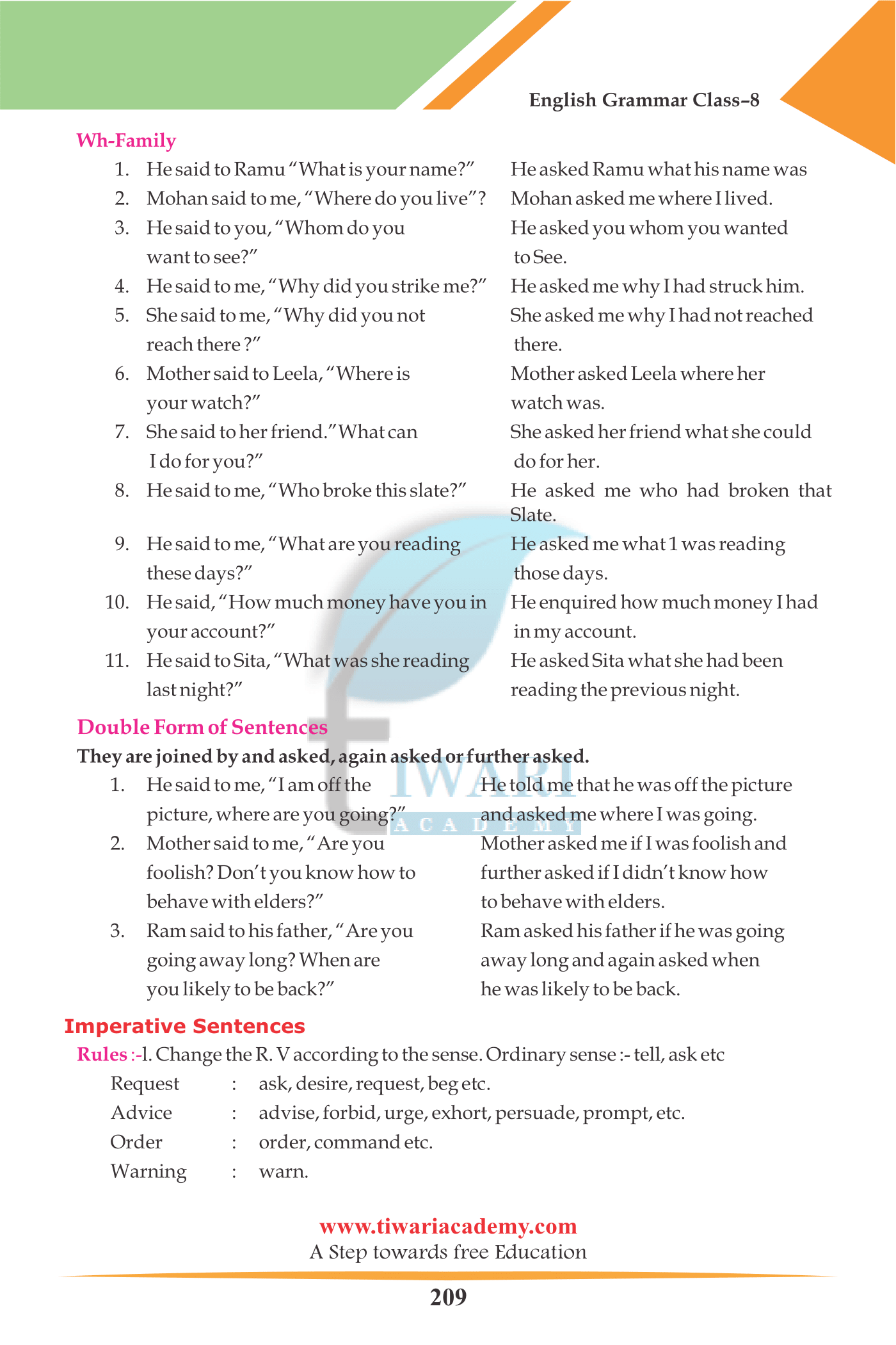 class 8 English Grammar Direct and Indirect Speech in PDF file format