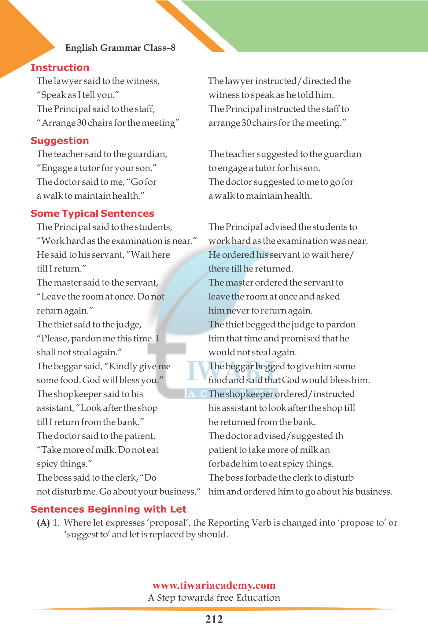 Grade 8 English Grammar Direct and Indirect Speech for UP Board