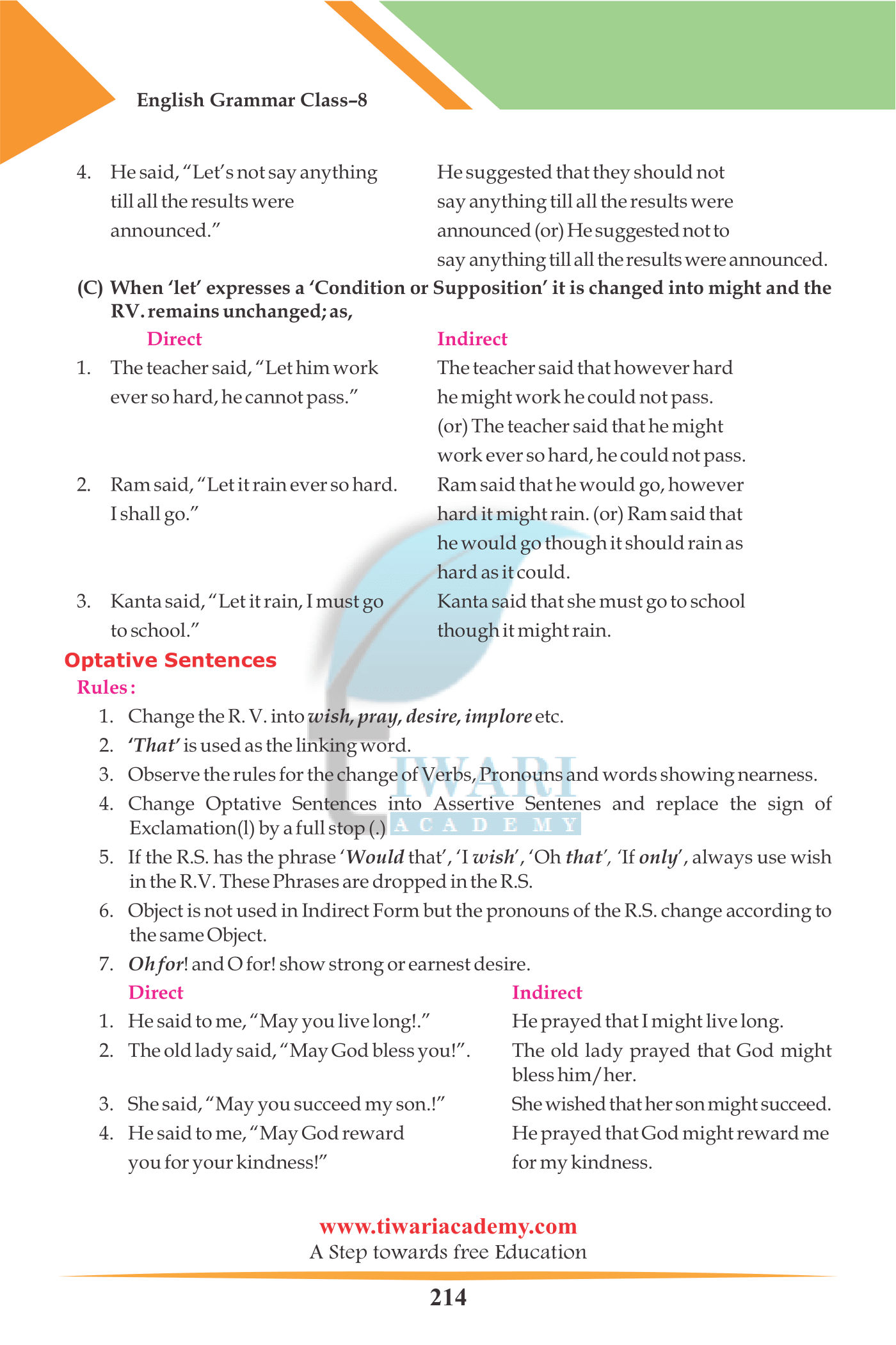Grade 8 English Grammar Direct and Indirect Speech for RBSE