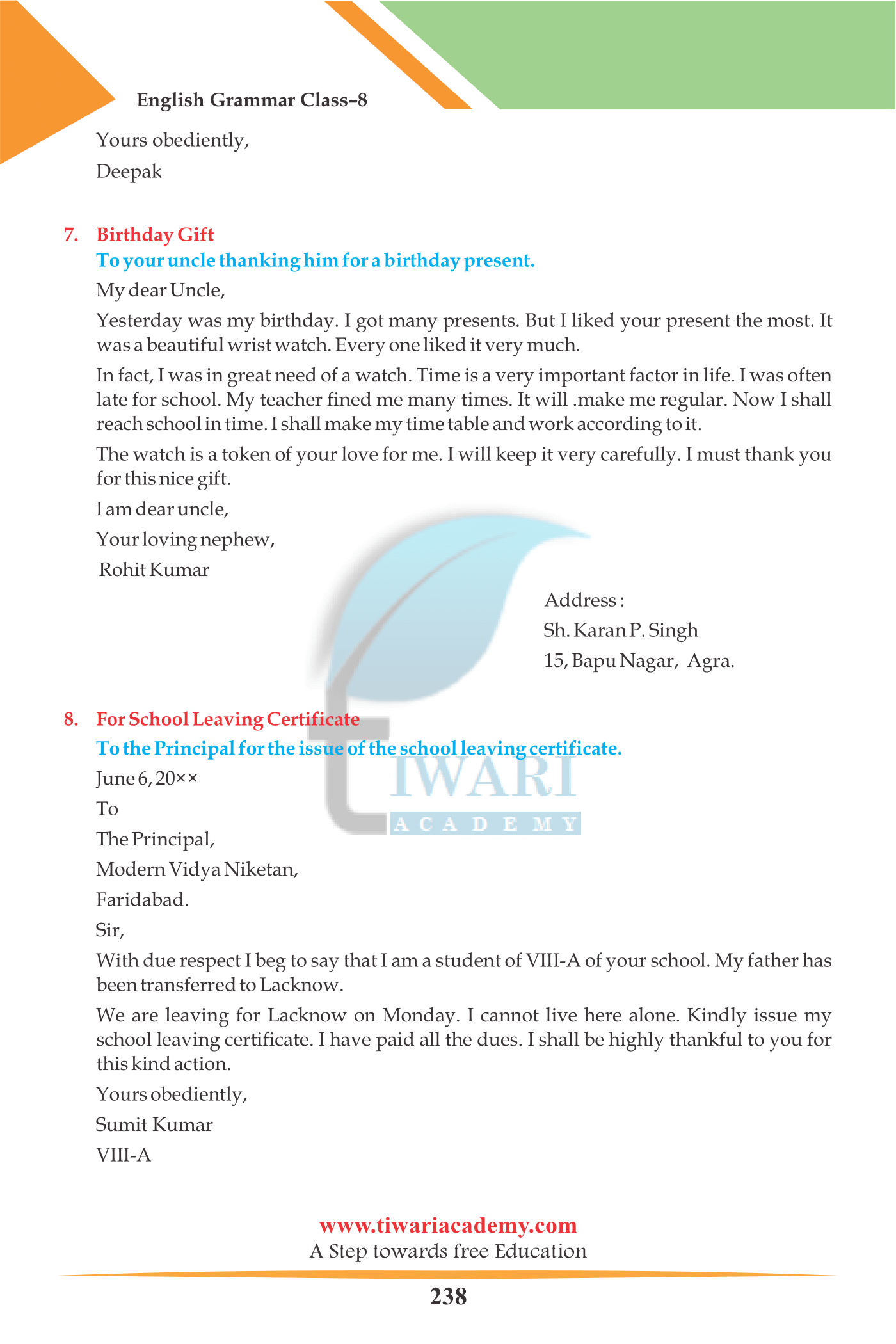 CBSE Class 8 English Grammar for letter writing