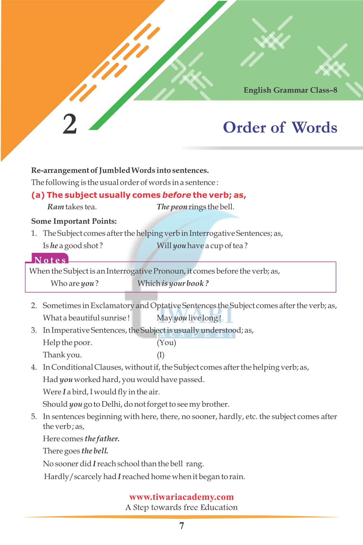 Class 8 English Grammar Order of Words