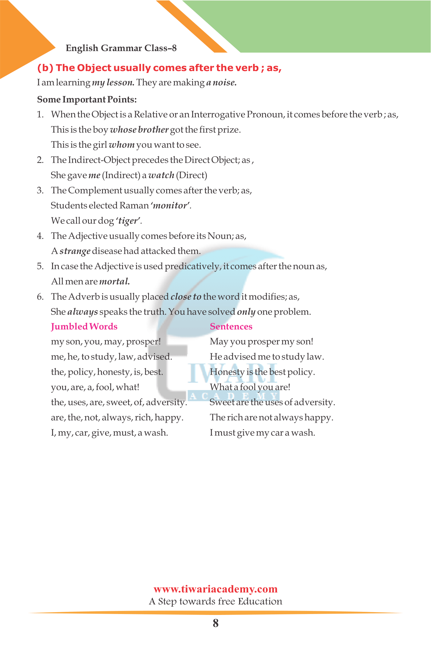 8th English Grammar Chapter 2 Order of Words