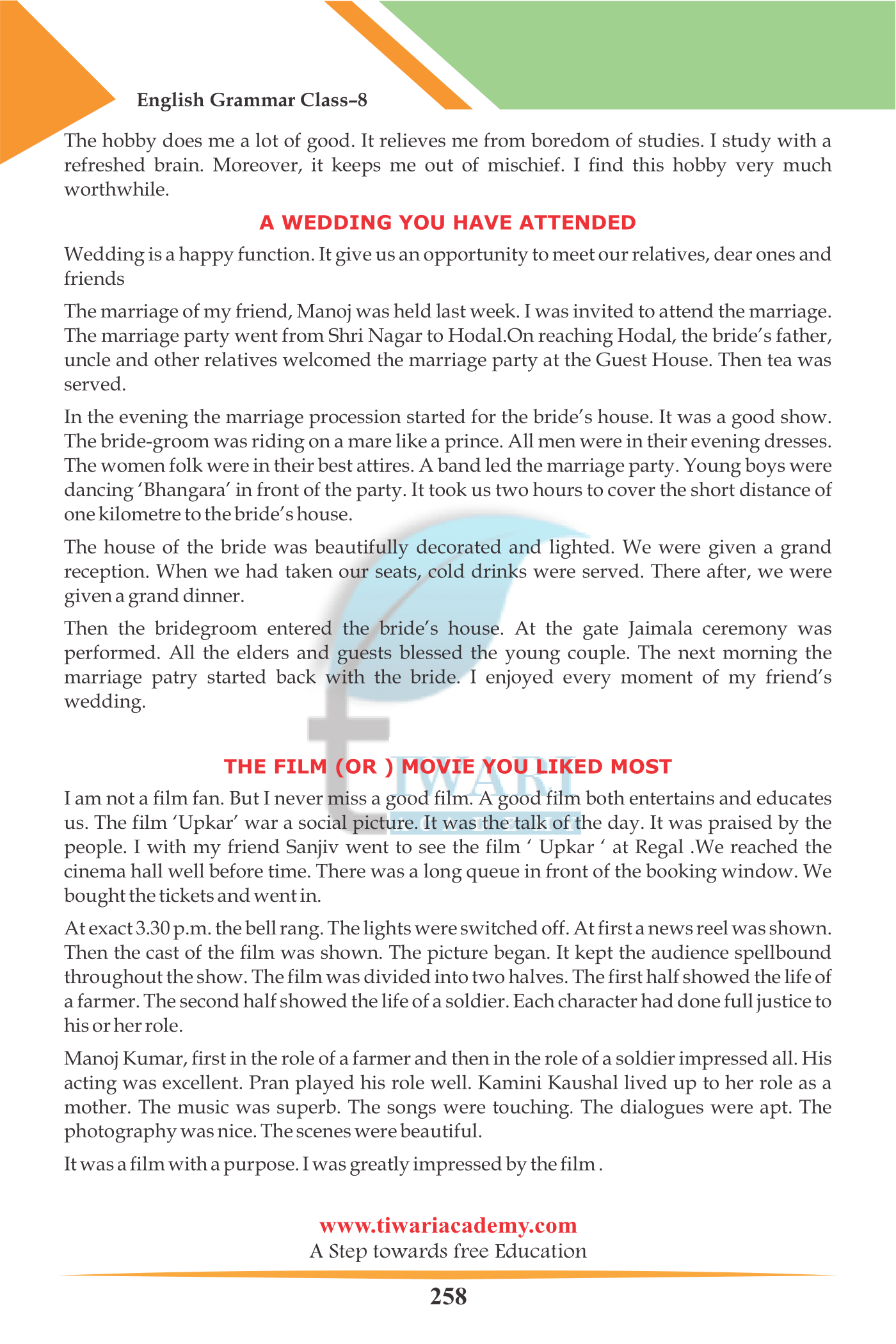 Class 8 English Grammar Essay Writing with examples