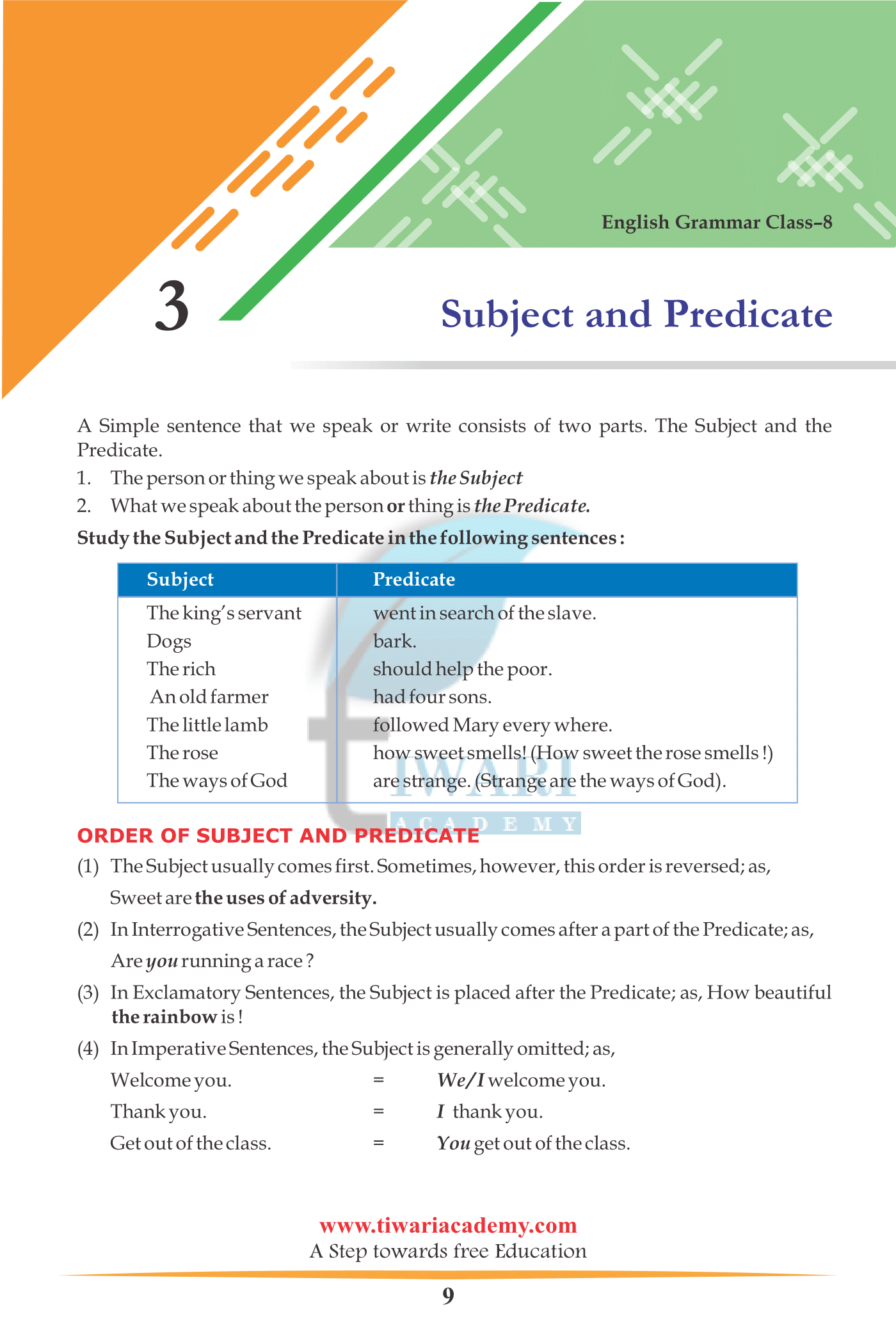 Class 8 English Grammar Chapter 3 Subject and Predicate for 2022-2023