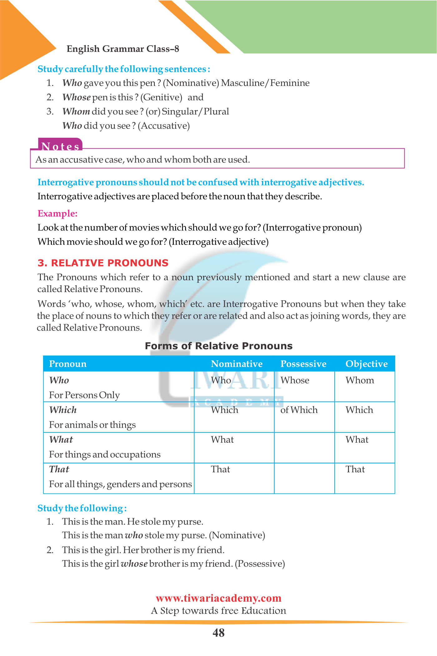 8th English Grammar Chapter pronoun with example