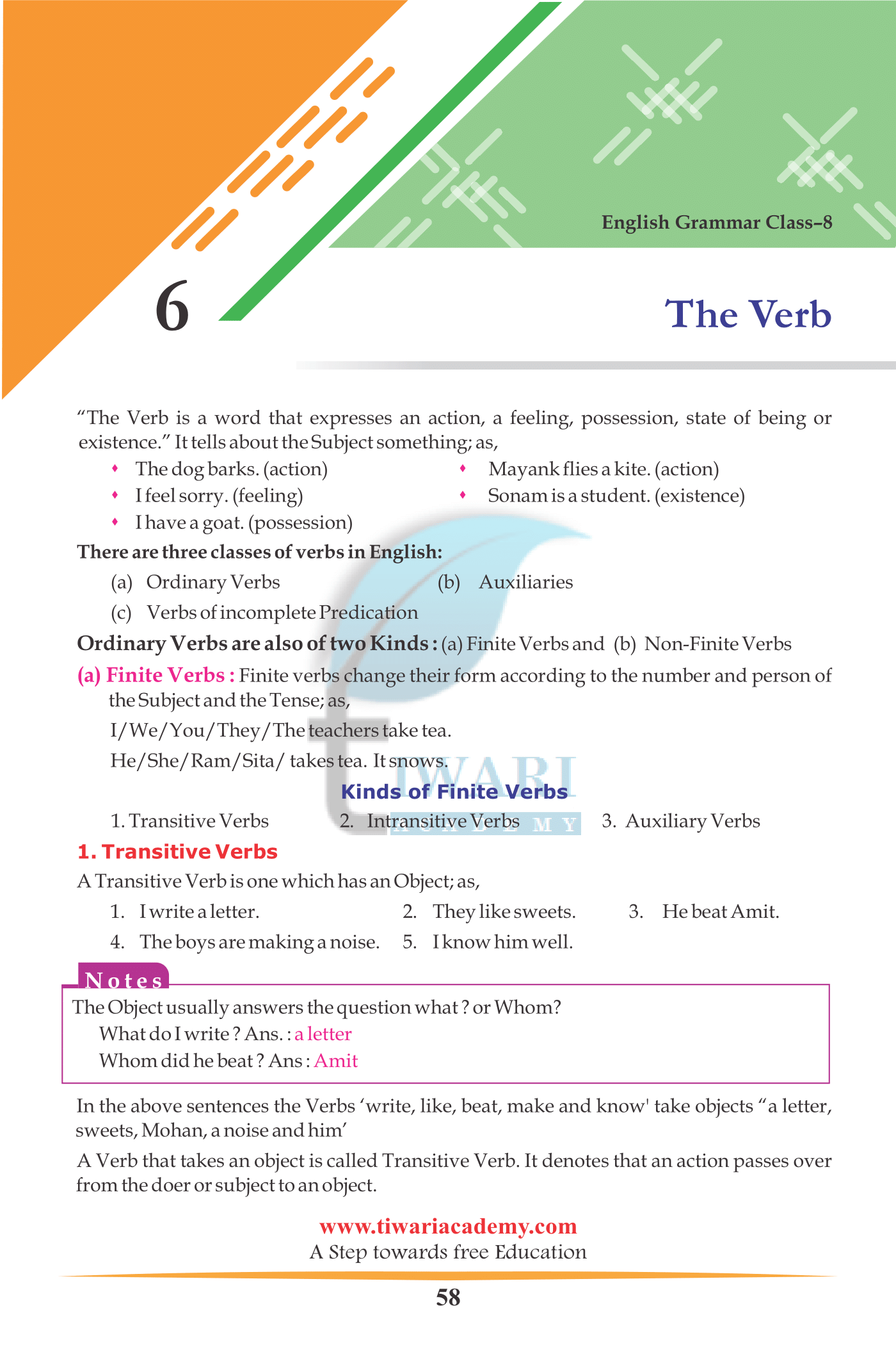 Class 8 English Grammar Chapter 6 The Verb for 2023-2024