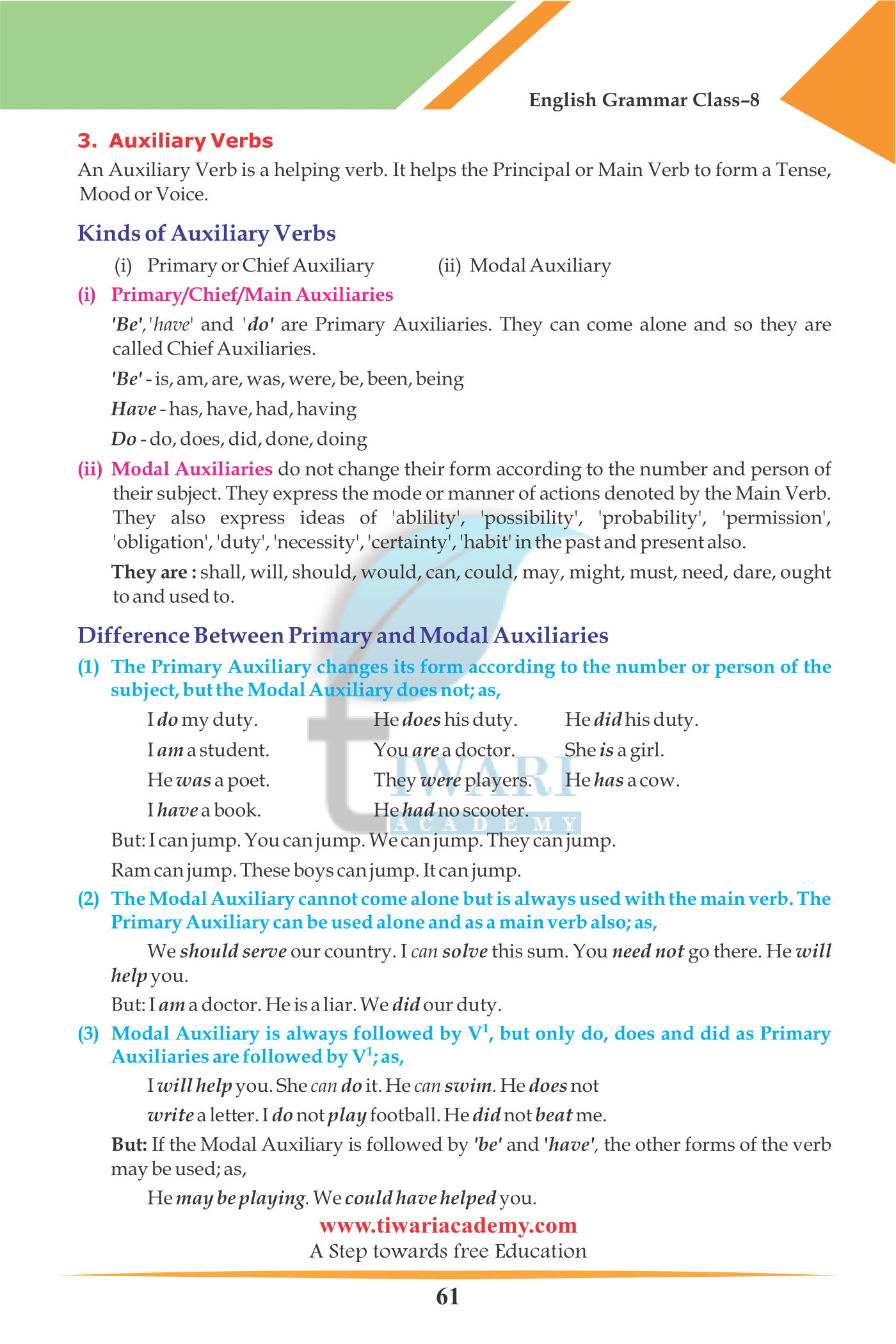 Class 8 English Grammar Chapter 6 The Verb MP Board