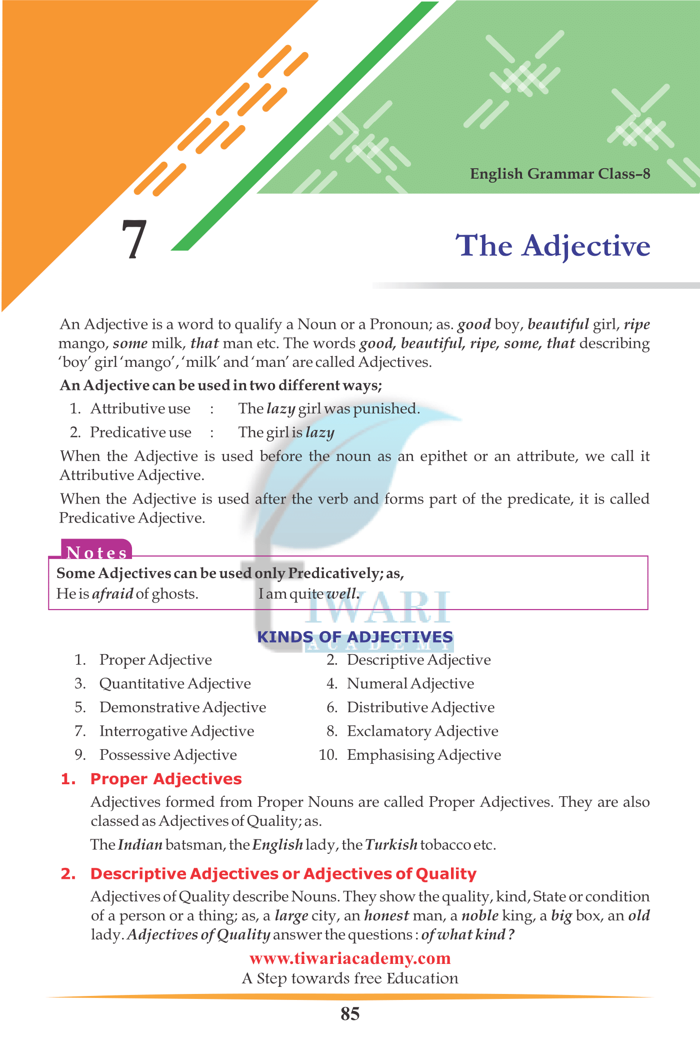 Class 8 English Grammar Chapter 7 The Adjective for 2022-2023