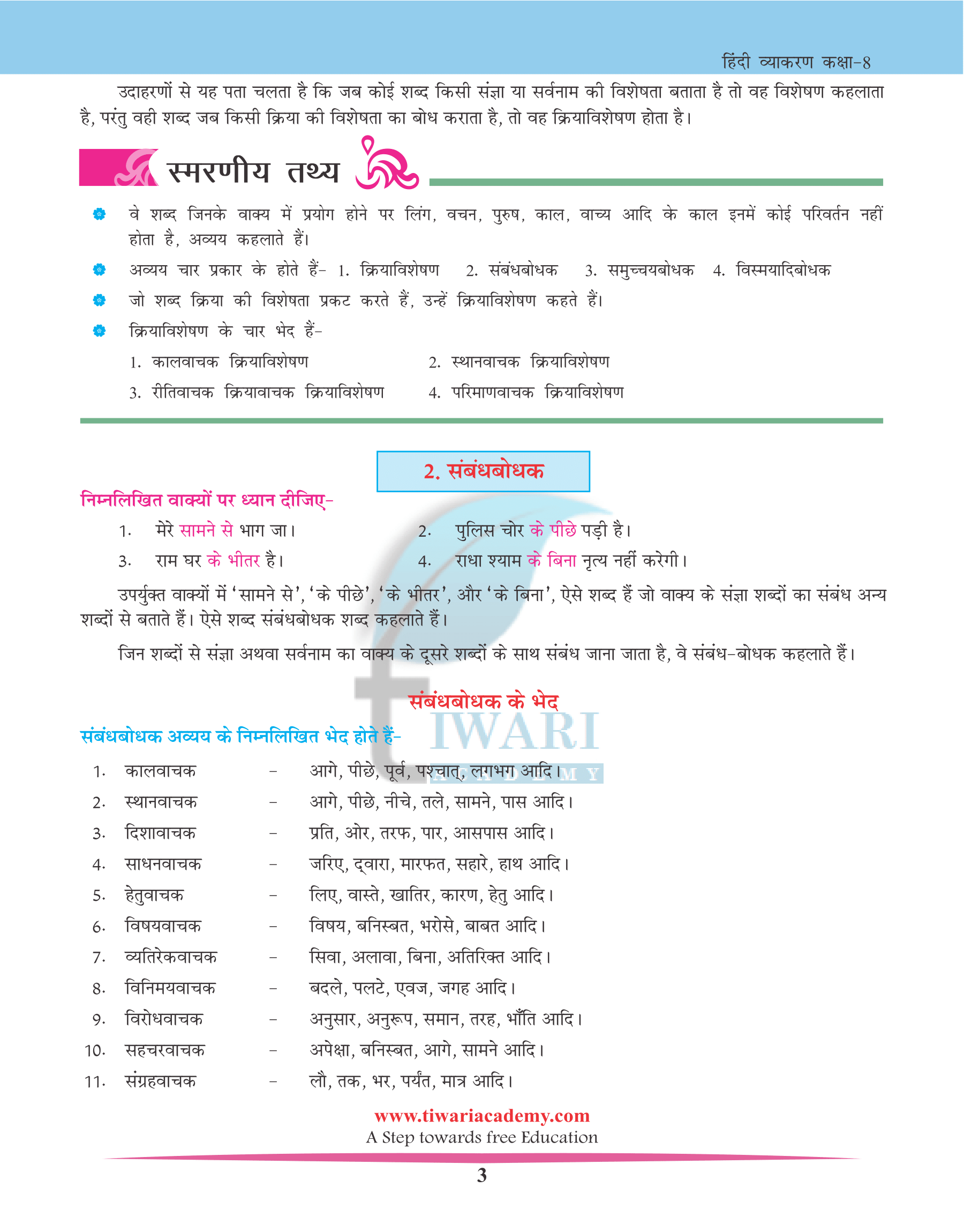 NCERT Solutions for Class 8 Hindi Grammar Chapter 14 अविकारी शब्द