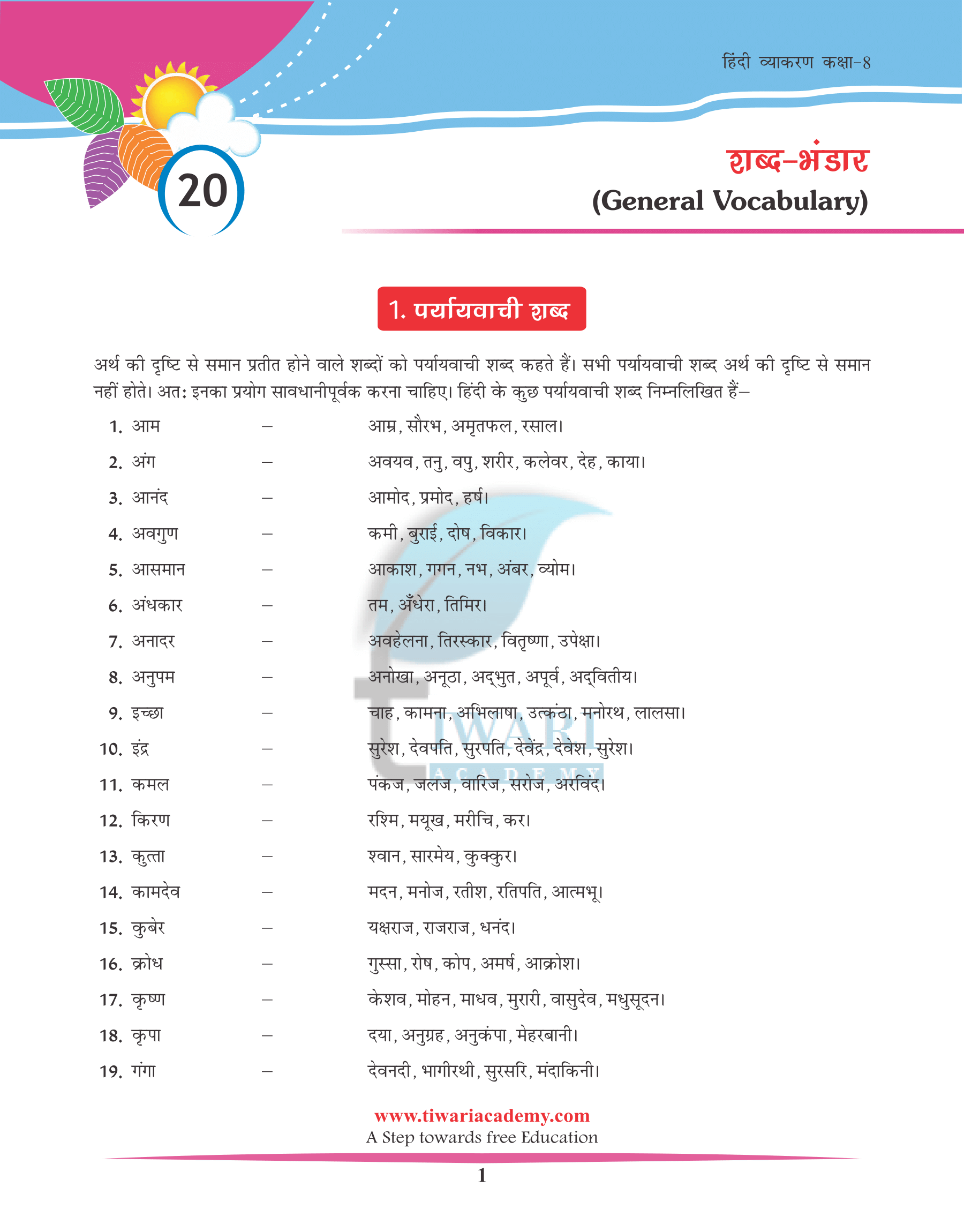 Class 8 Hindi Grammar Chapter 20 शब्द भंडार