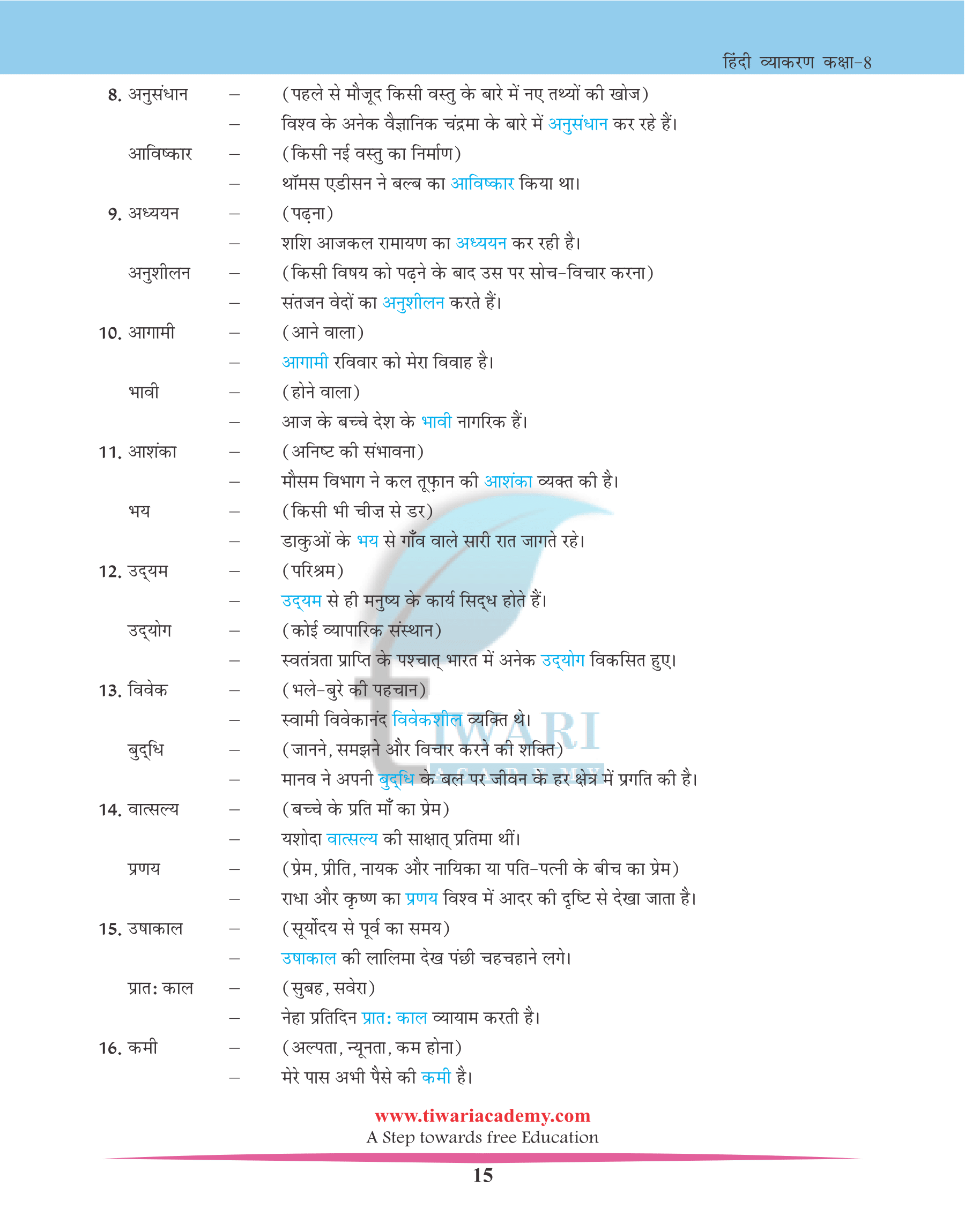 शब्द भंडार for 8th Class