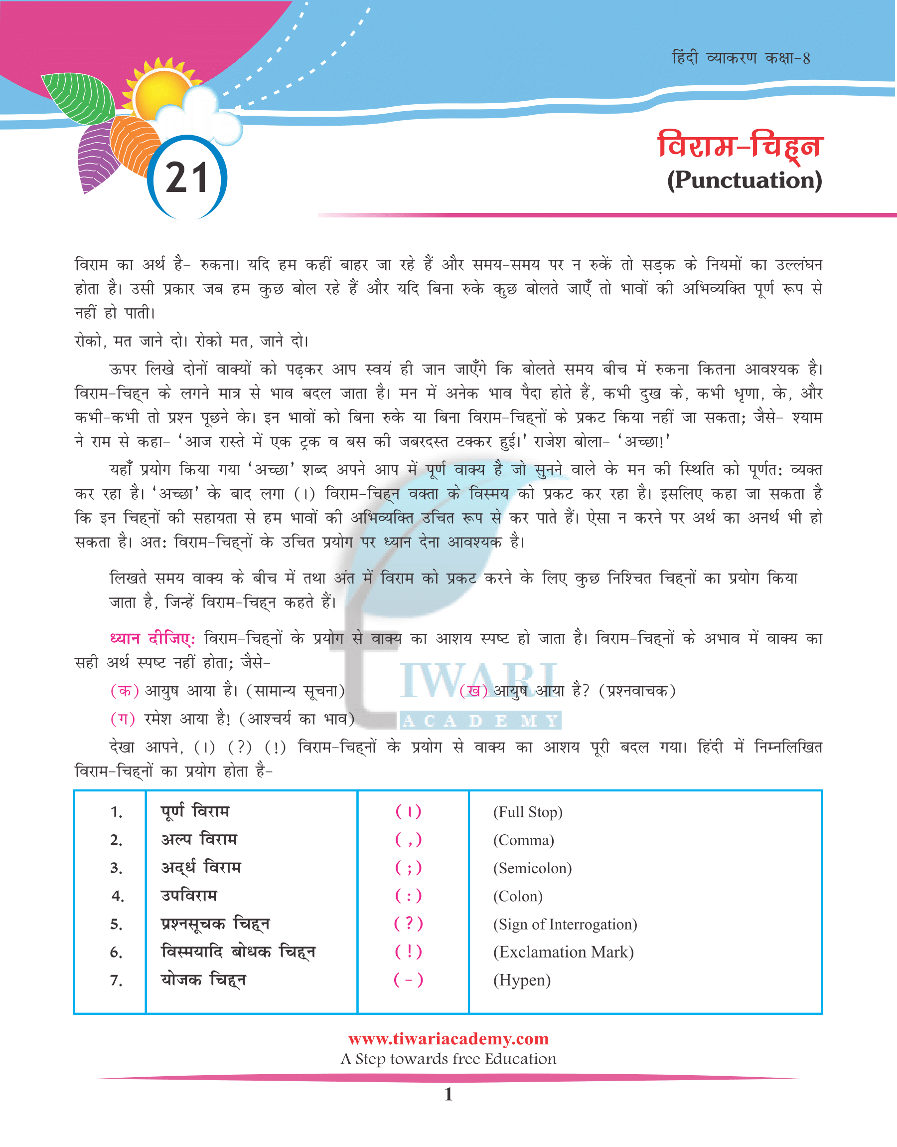 Class 8 Hindi Grammar Chapter 21 विराम चिन्ह
