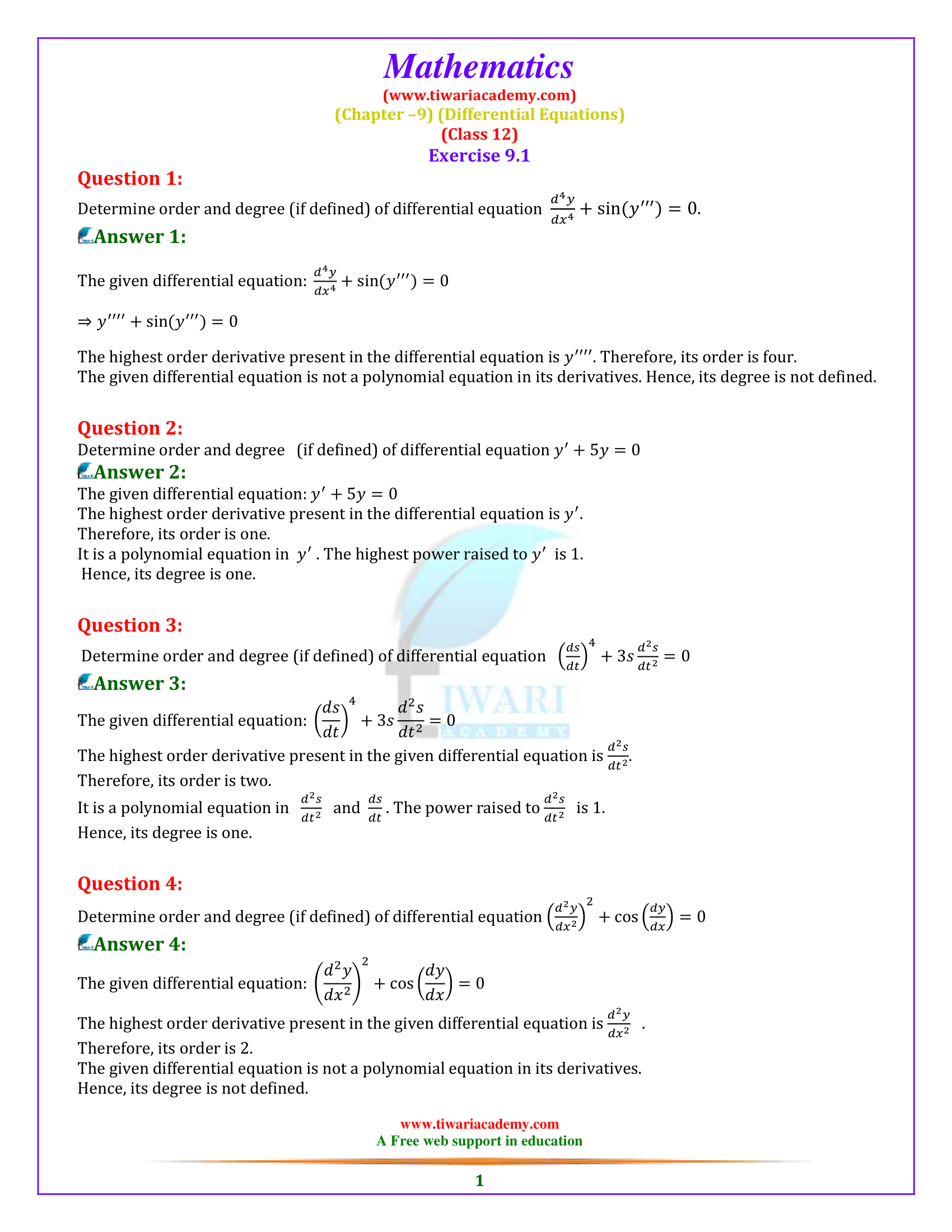 Class 12 Maths Exercise 9.1 Solutions in English Medium