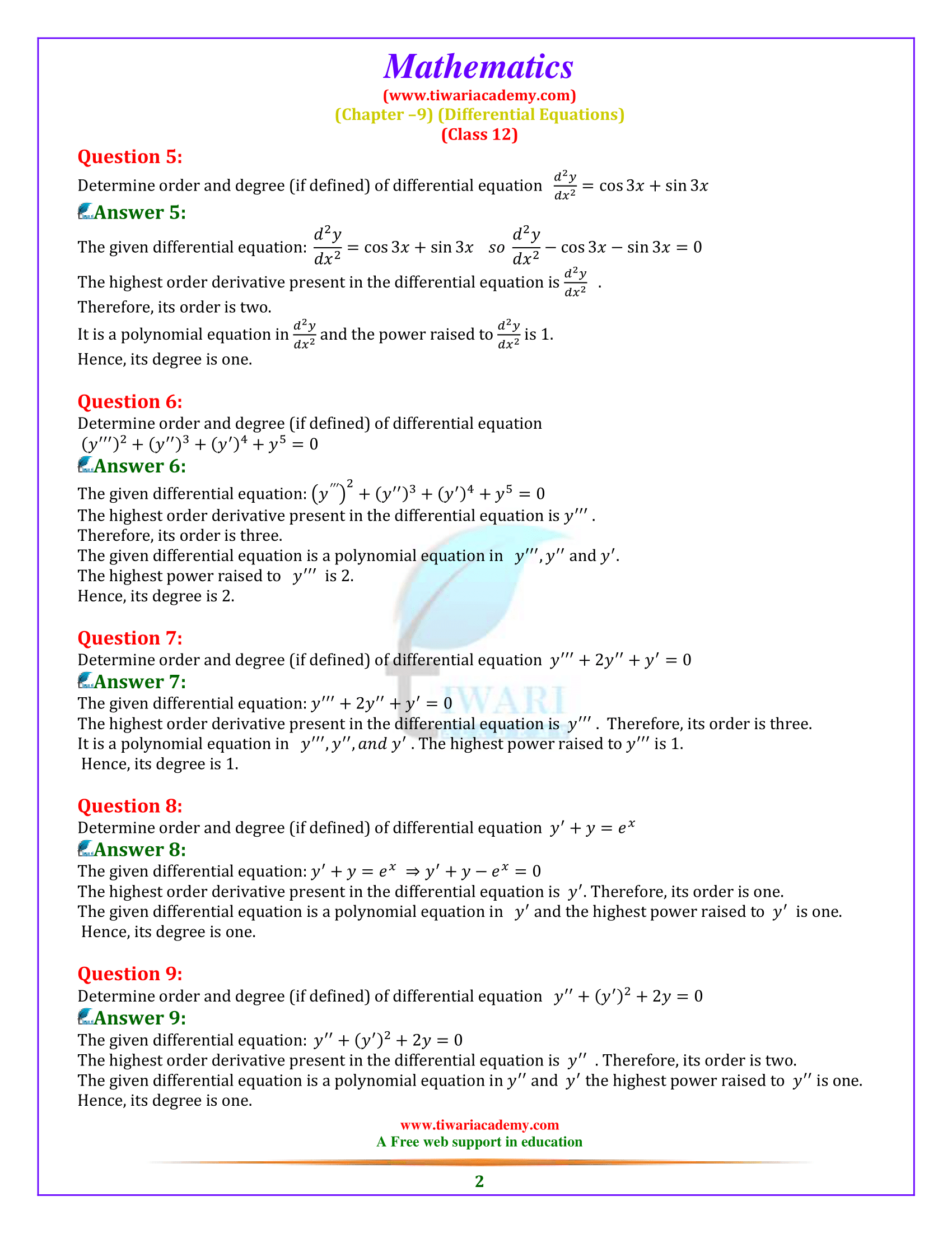 Class 12 Maths Exercise 9.1 Solutions in English Medium for 2022-2023