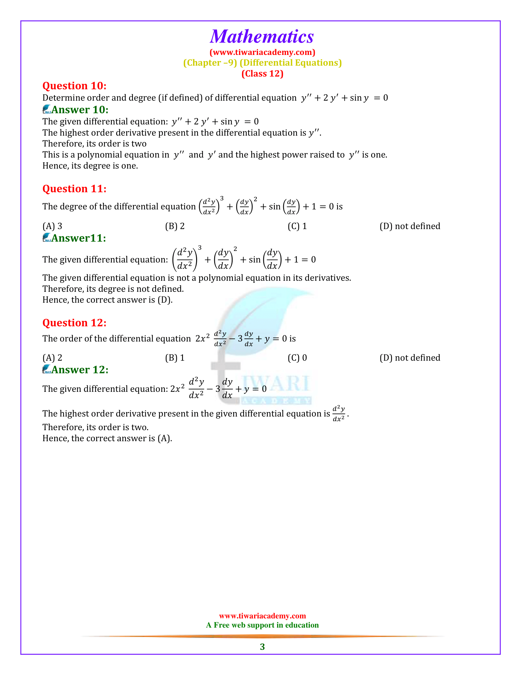 Class 12 Maths Exercise 9.1 Solutions in English Medium in PDF file free download