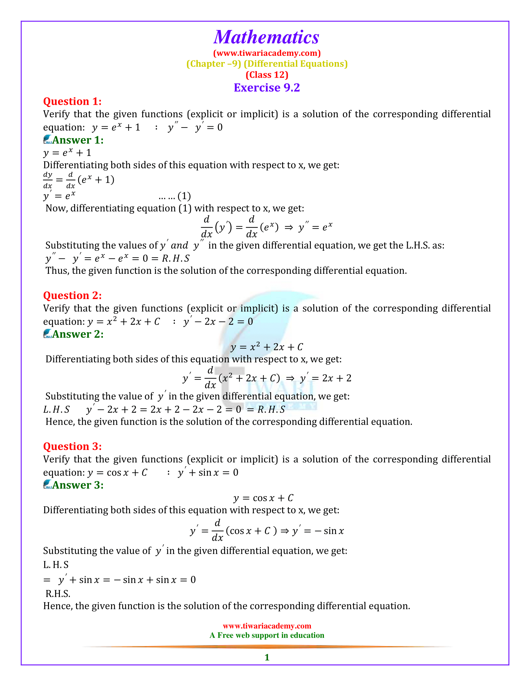 Class 12 Maths Exercise 9.2 Solutions in English Medium