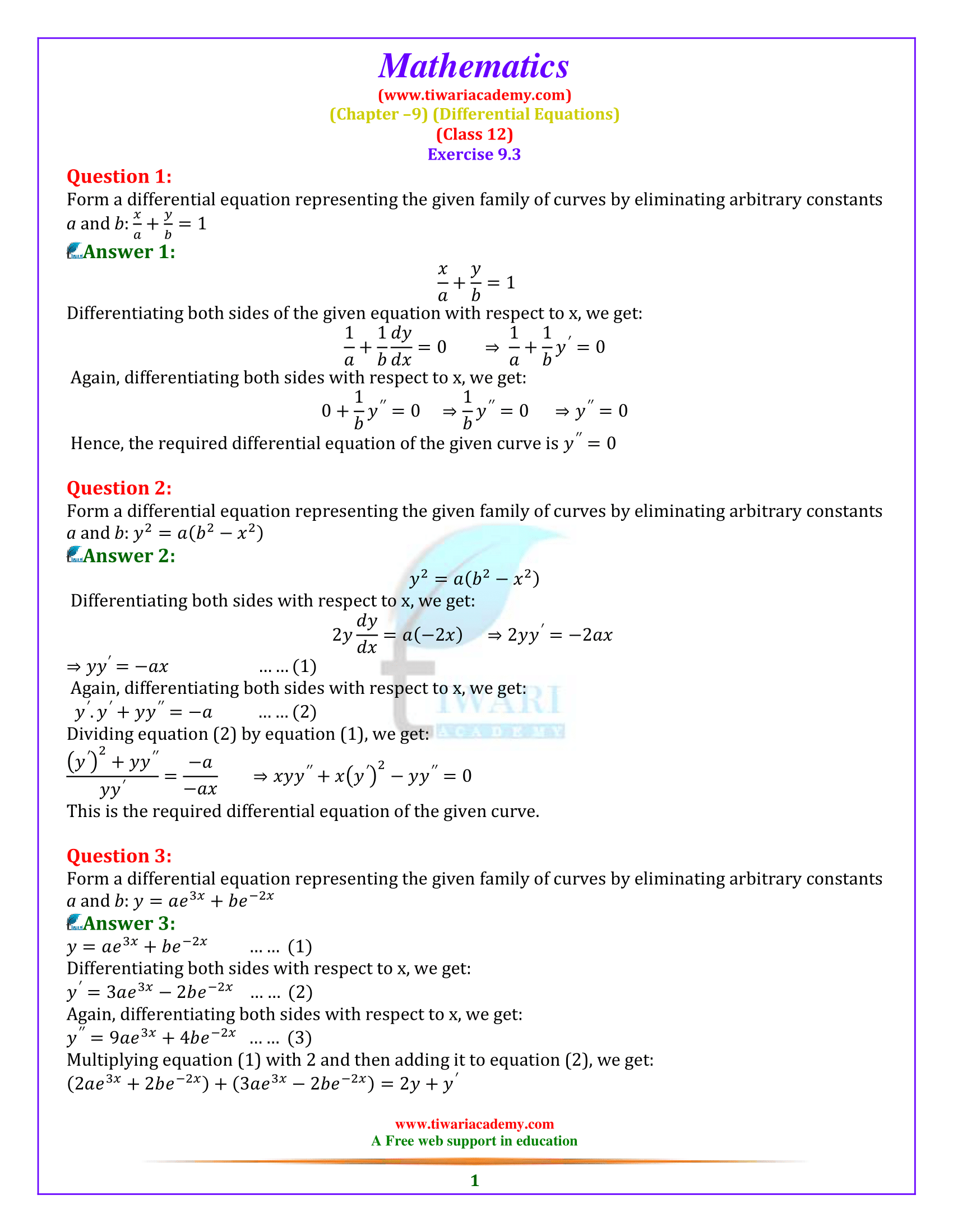 Class 12 Maths Exercise 9.3 Solutions in English Medium