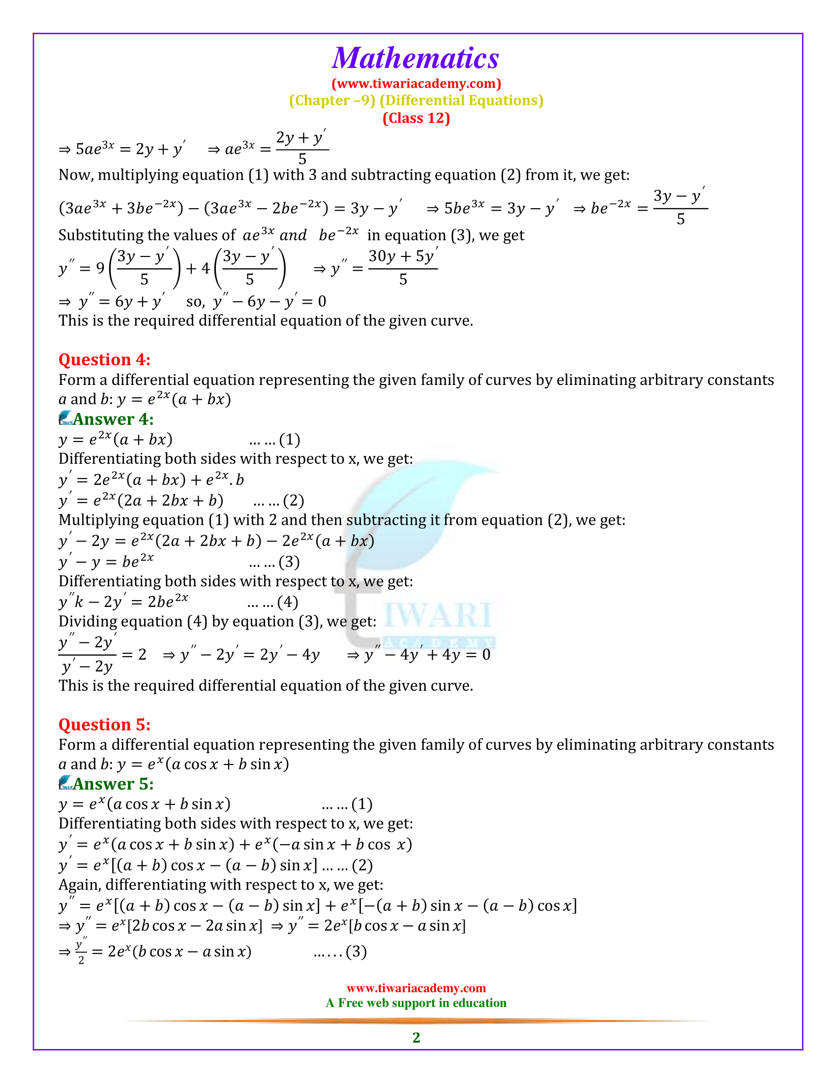 Class 12 Maths Exercise 9.3 Solutions in English Medium in PDF format