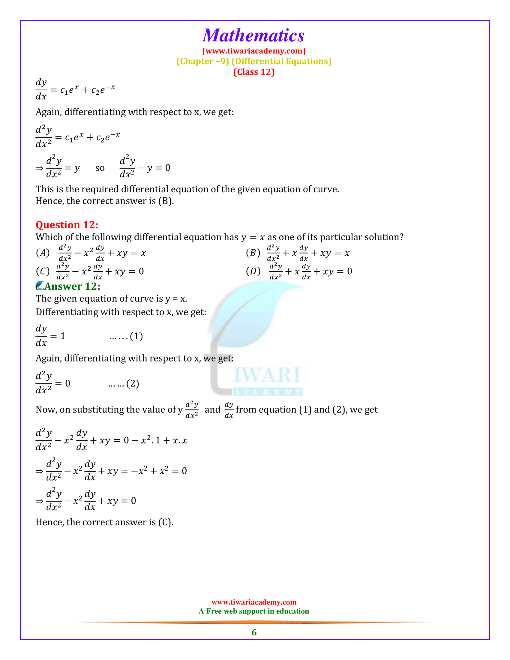 Class 12 Maths Exercise 9.3 Solutions in English Medium for MP Board