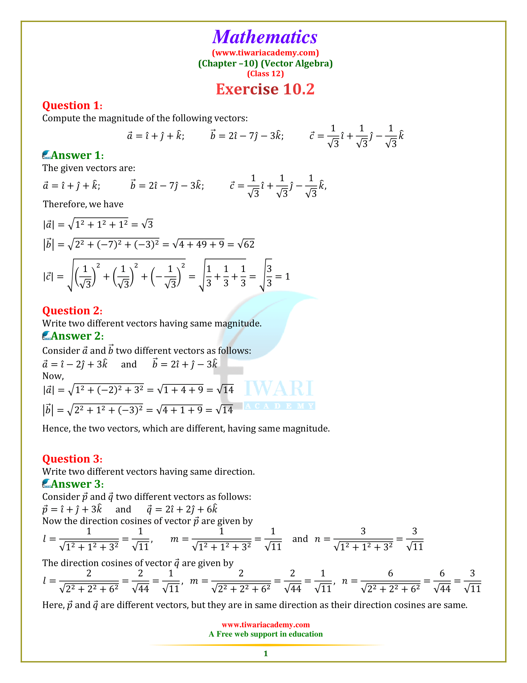 NCERT Solutions for Class 12 Maths Exercise 10.2 in English Medium