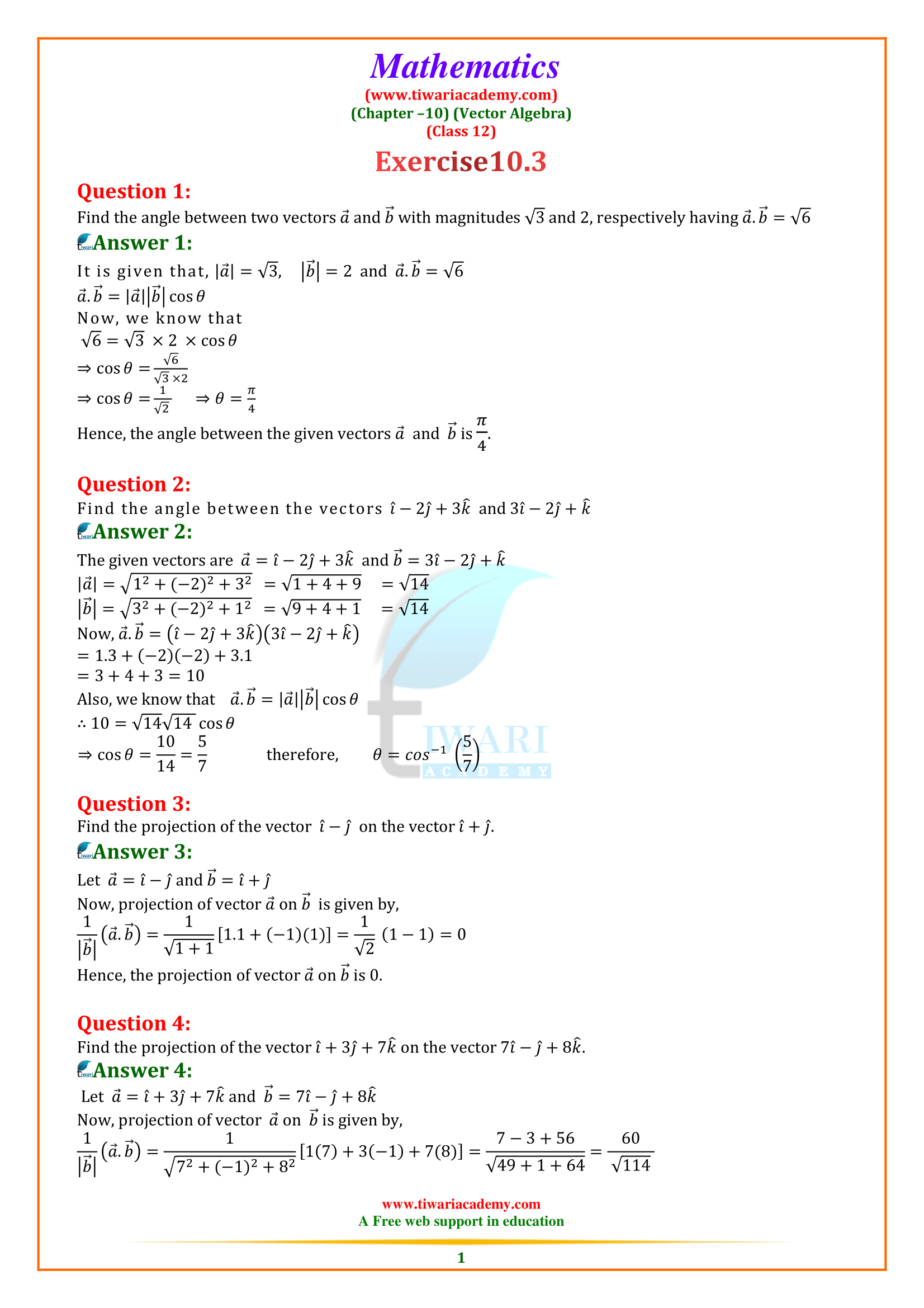 NCERT Solutions for Class 12 Maths Exercise 10.3 in English Medium