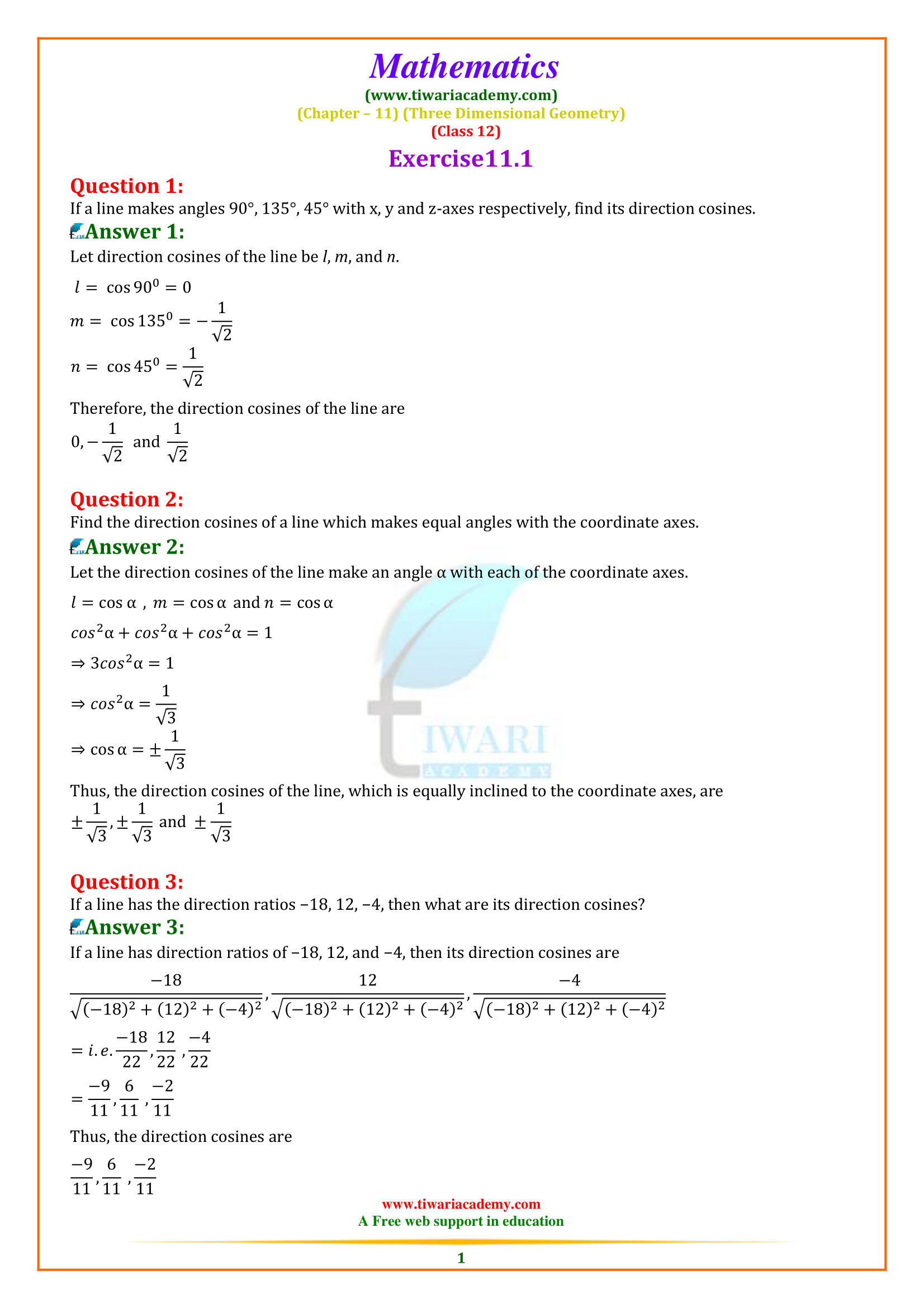 Class 12 Maths Exercise 11.1 Solutions in English Medium