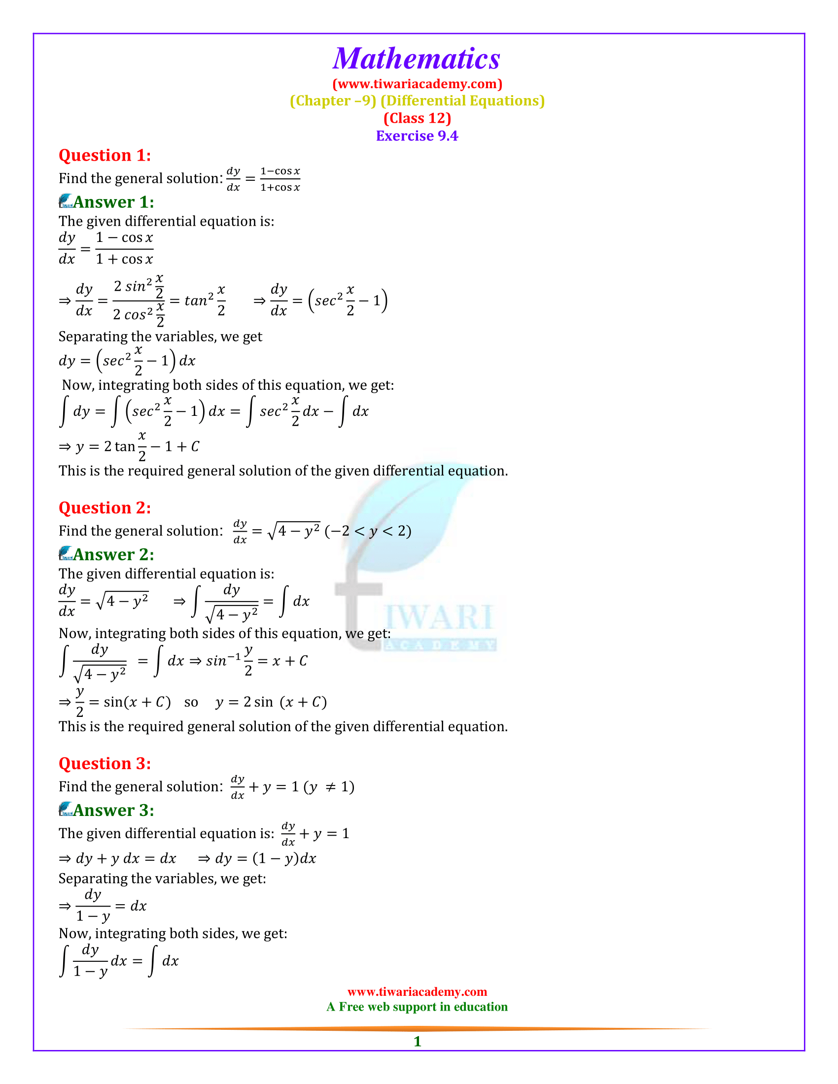 Class 12 Maths Exercise 9.4 Solutions in English Medium