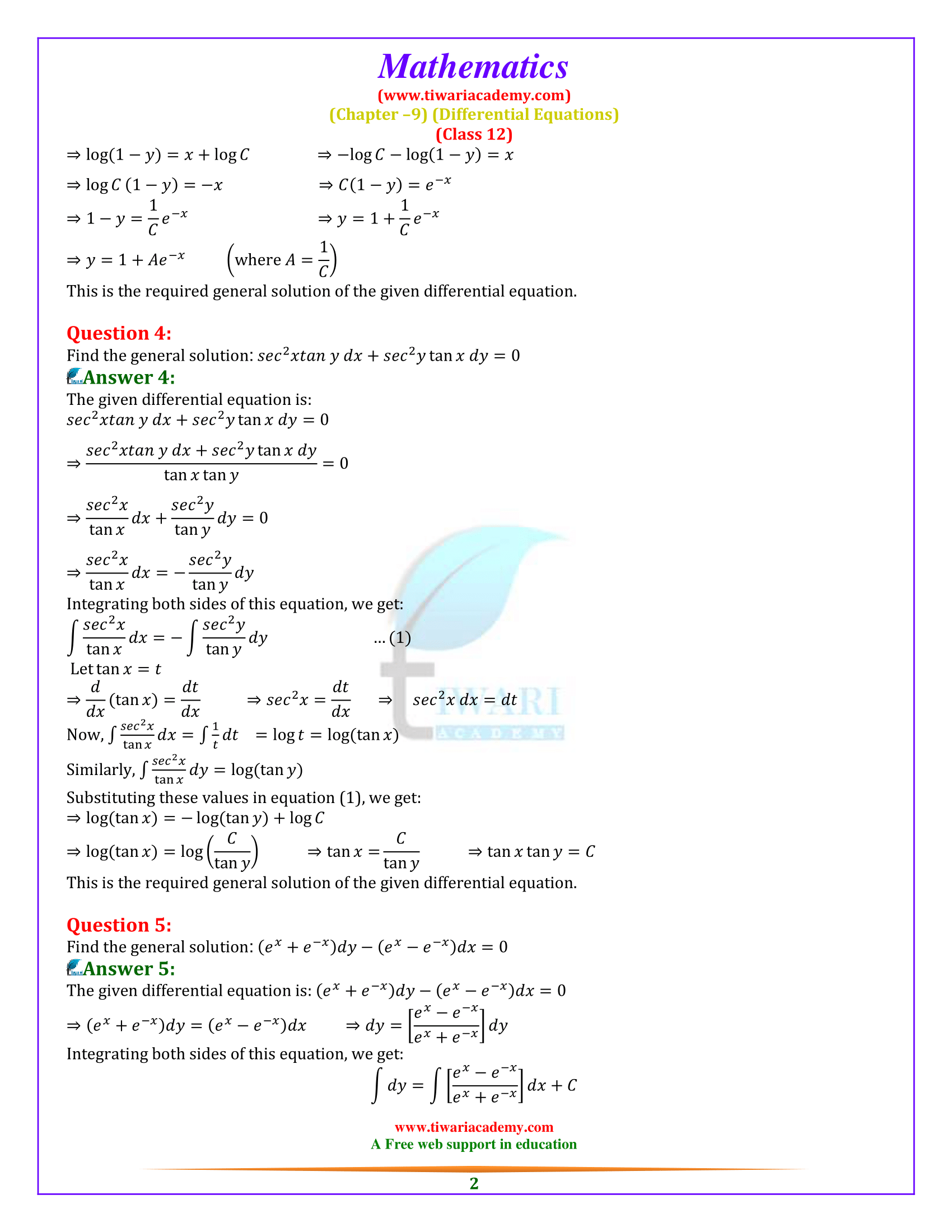 Class 12 Maths Exercise 9.4 Solutions