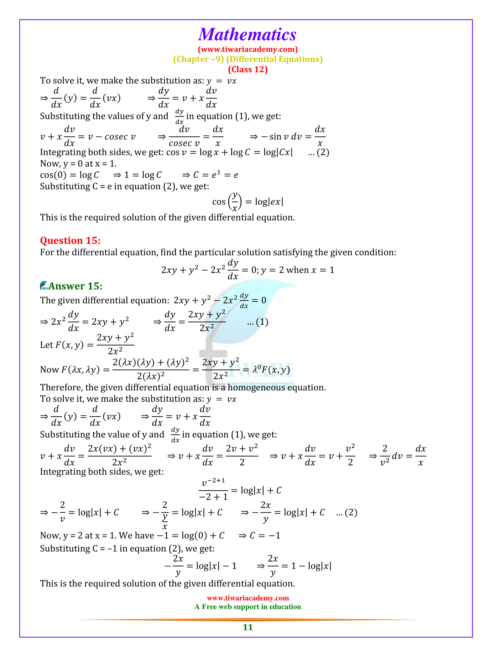Class 12 Maths Exercise 9.5 Solutions free
