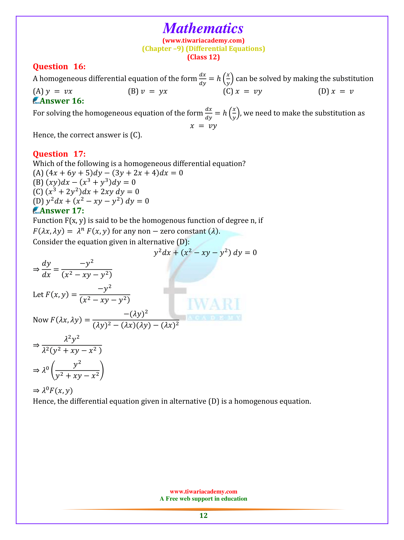 Class 12 Maths Exercise 9.5 Solutions downoad in PDF