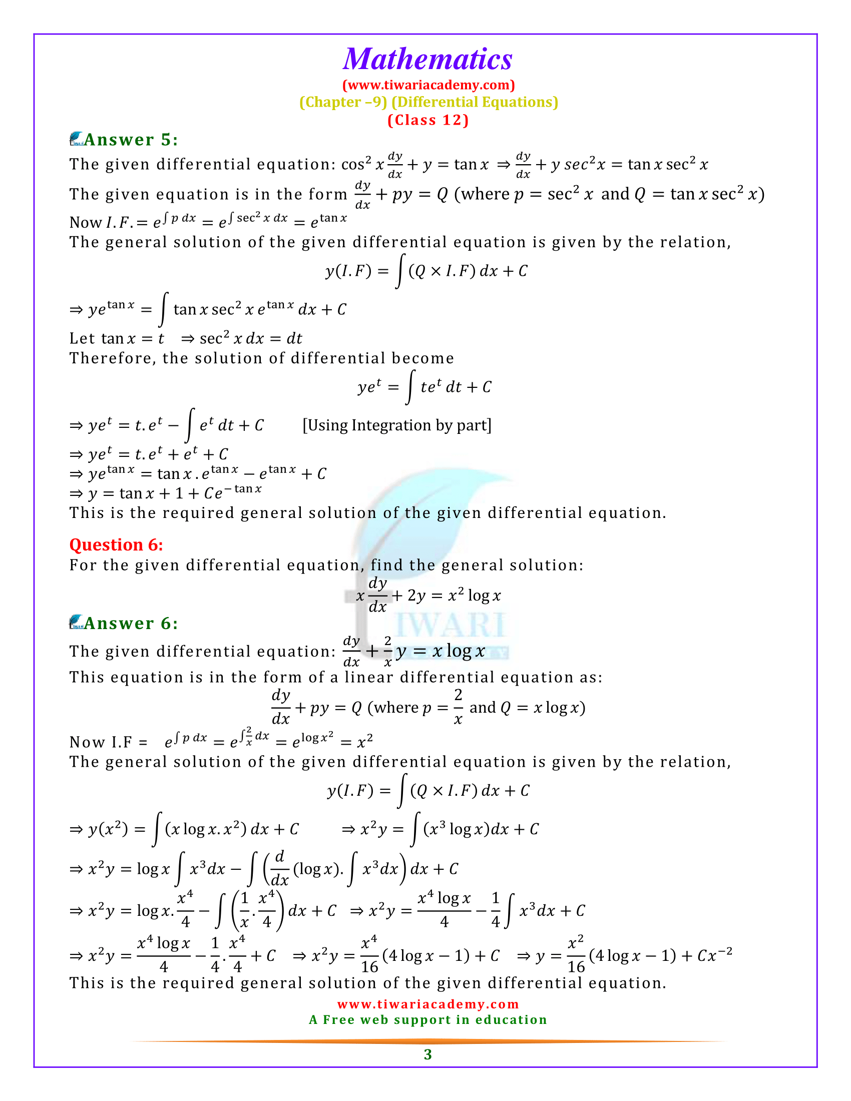Class 12 Maths Exercise 9.6 Solutions free