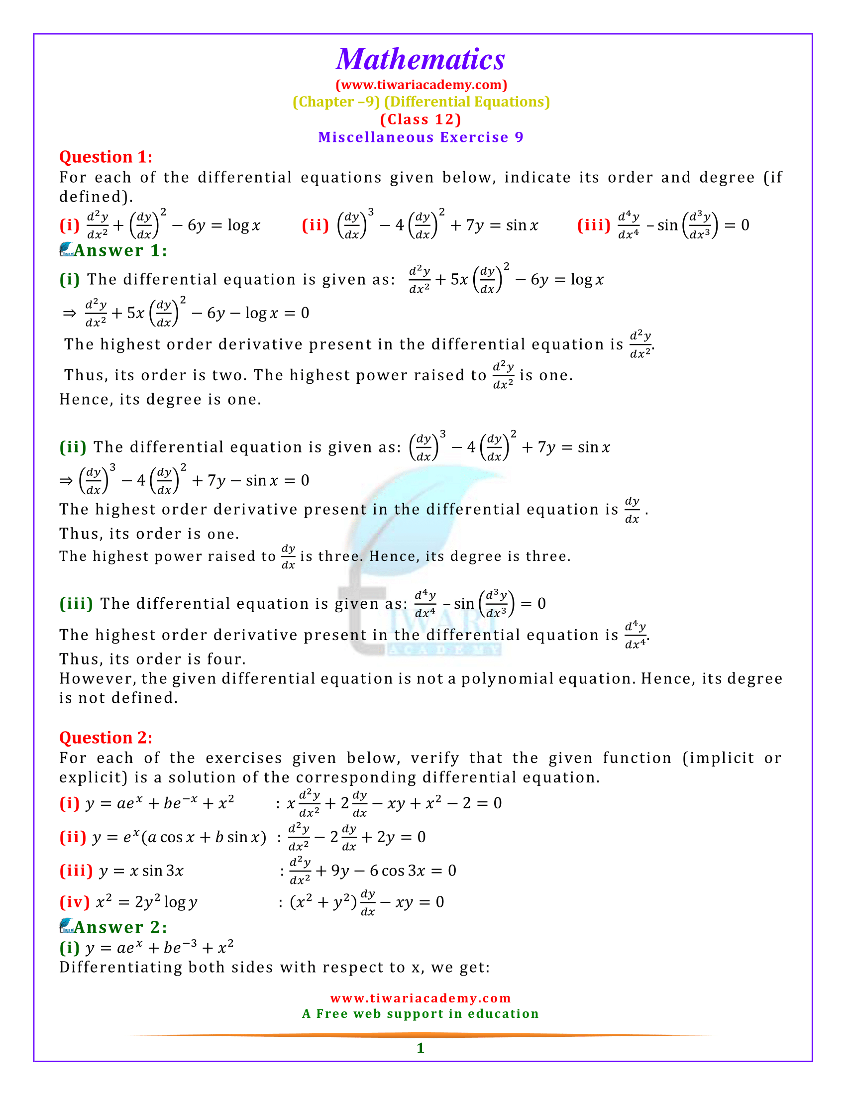 Class 12 Maths Miscellaneous Exercise 9 Solutions in English Medium