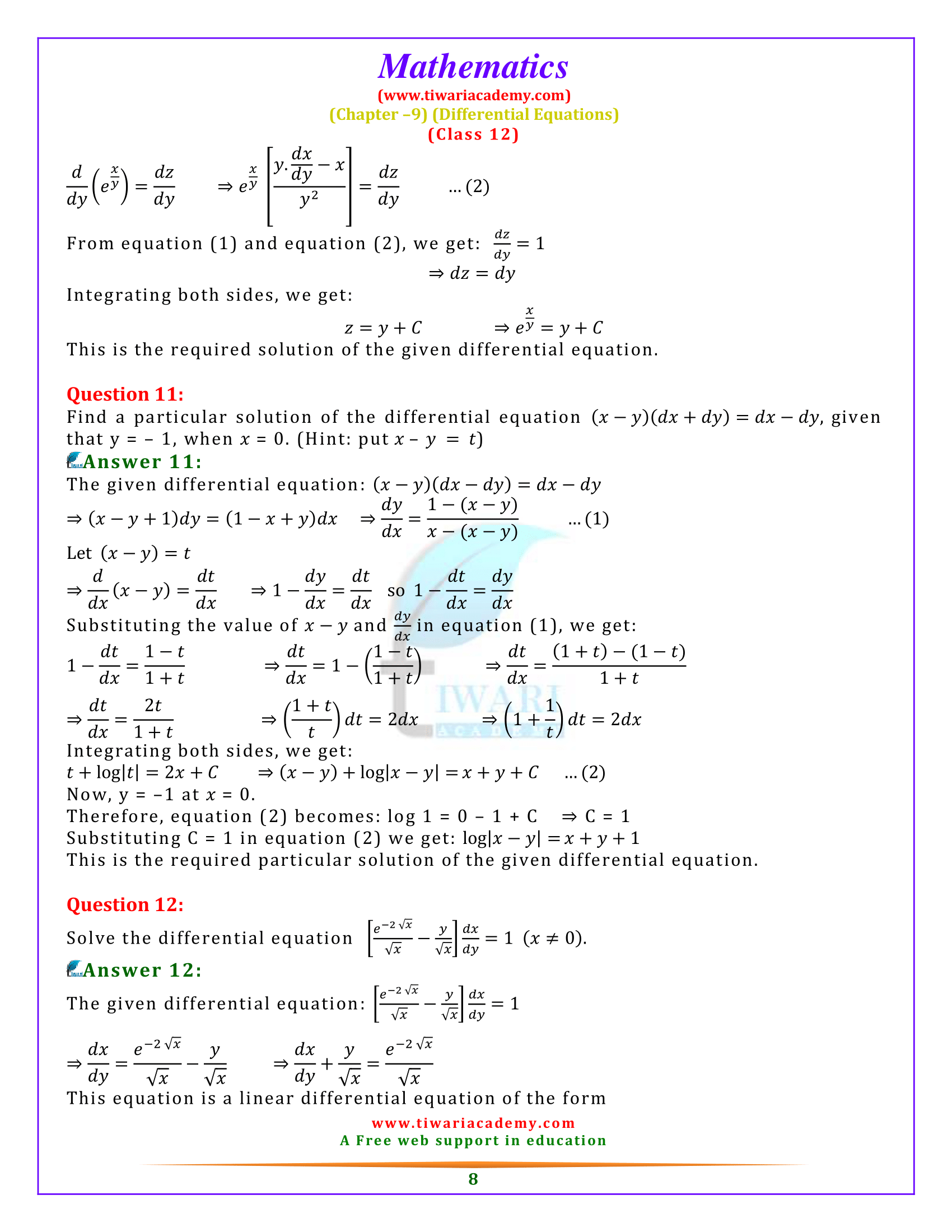 Class 12 Maths Miscellaneous Exercise 9 Solutions free
