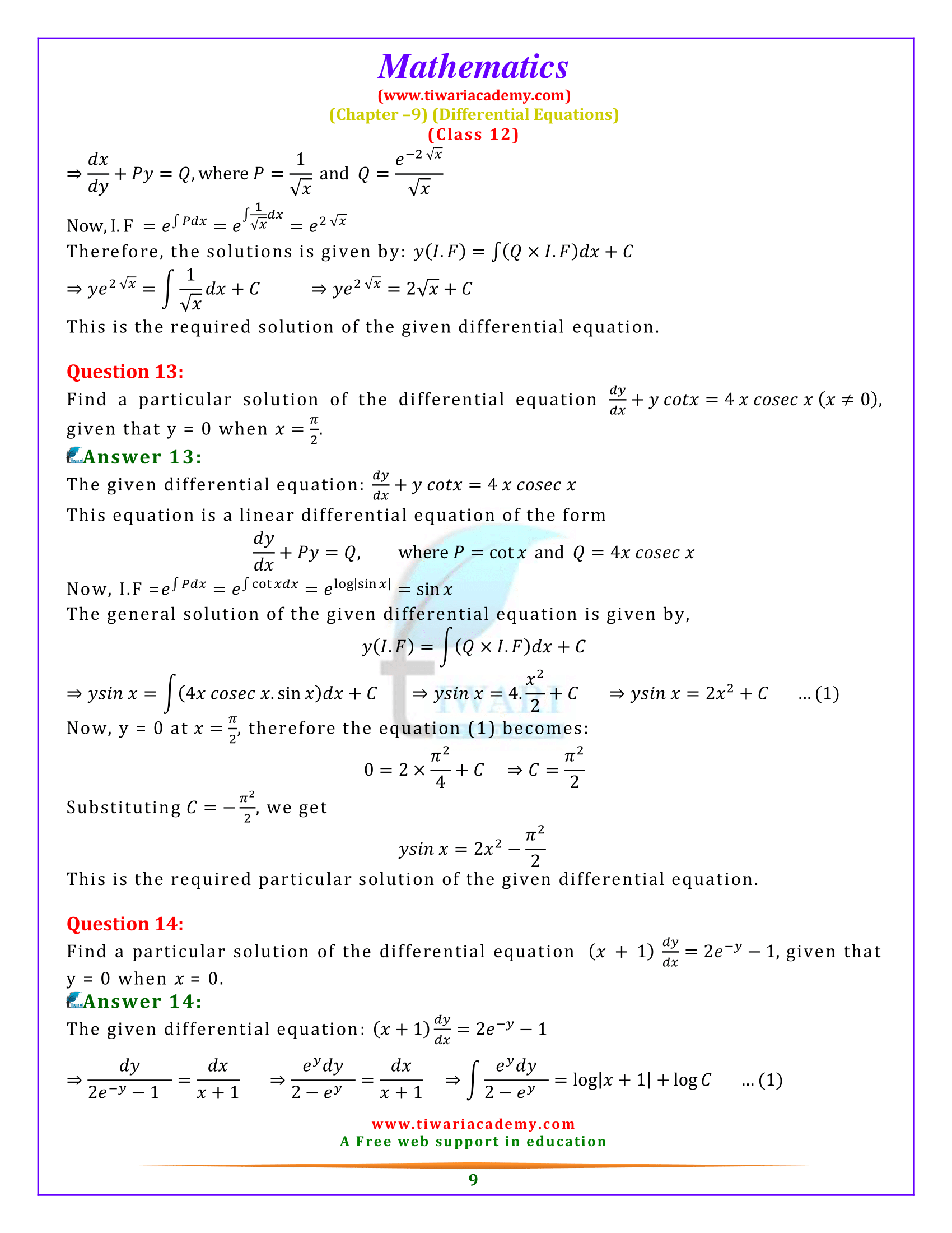 Class 12 Maths Miscellaneous Exercise 9 Solutions PDF
