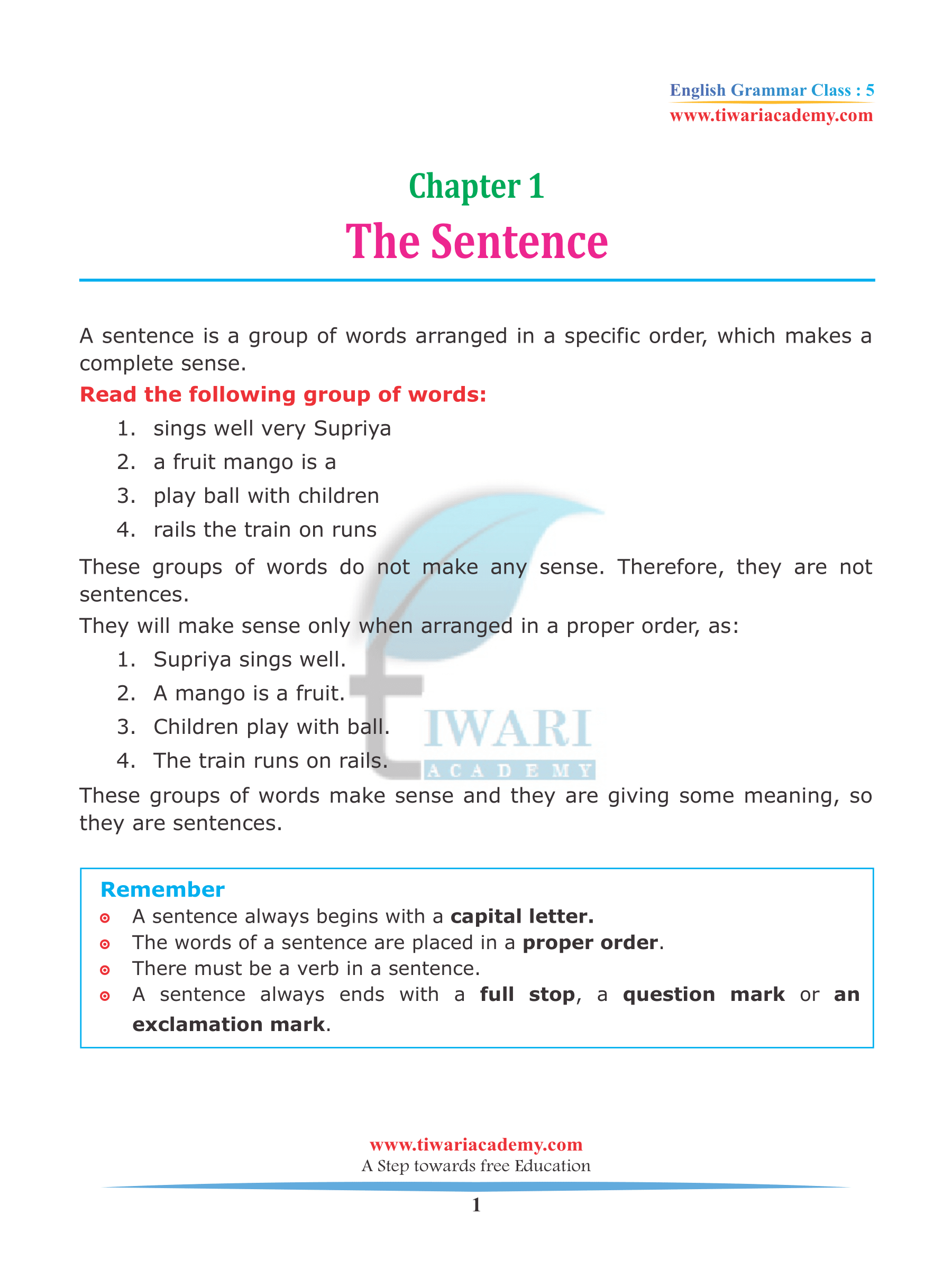 Class 5 English Grammar Chapter 1 The Sentence 2022-2023
