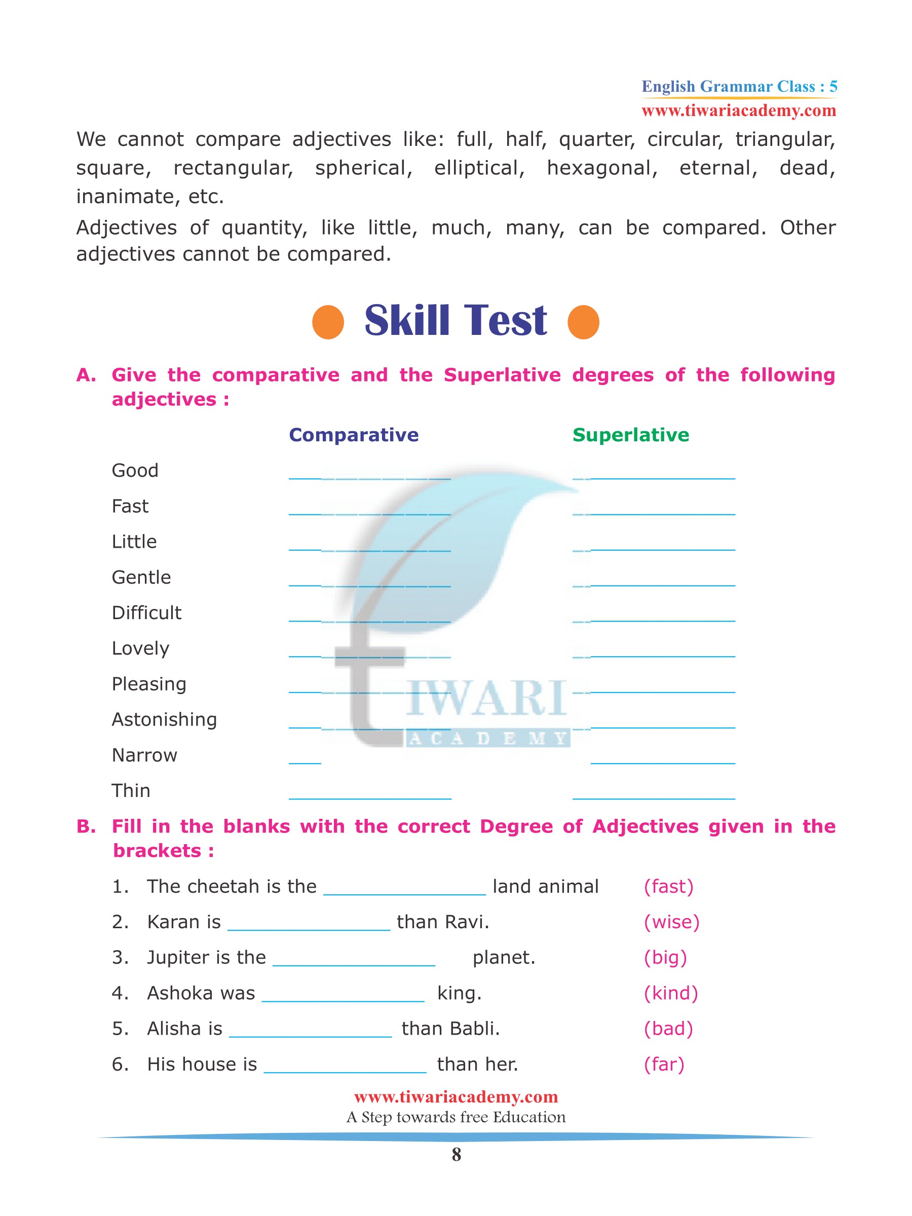 NCERT Solutions for Class 5 English Grammar Chapter 10 Adjective free PDF download
