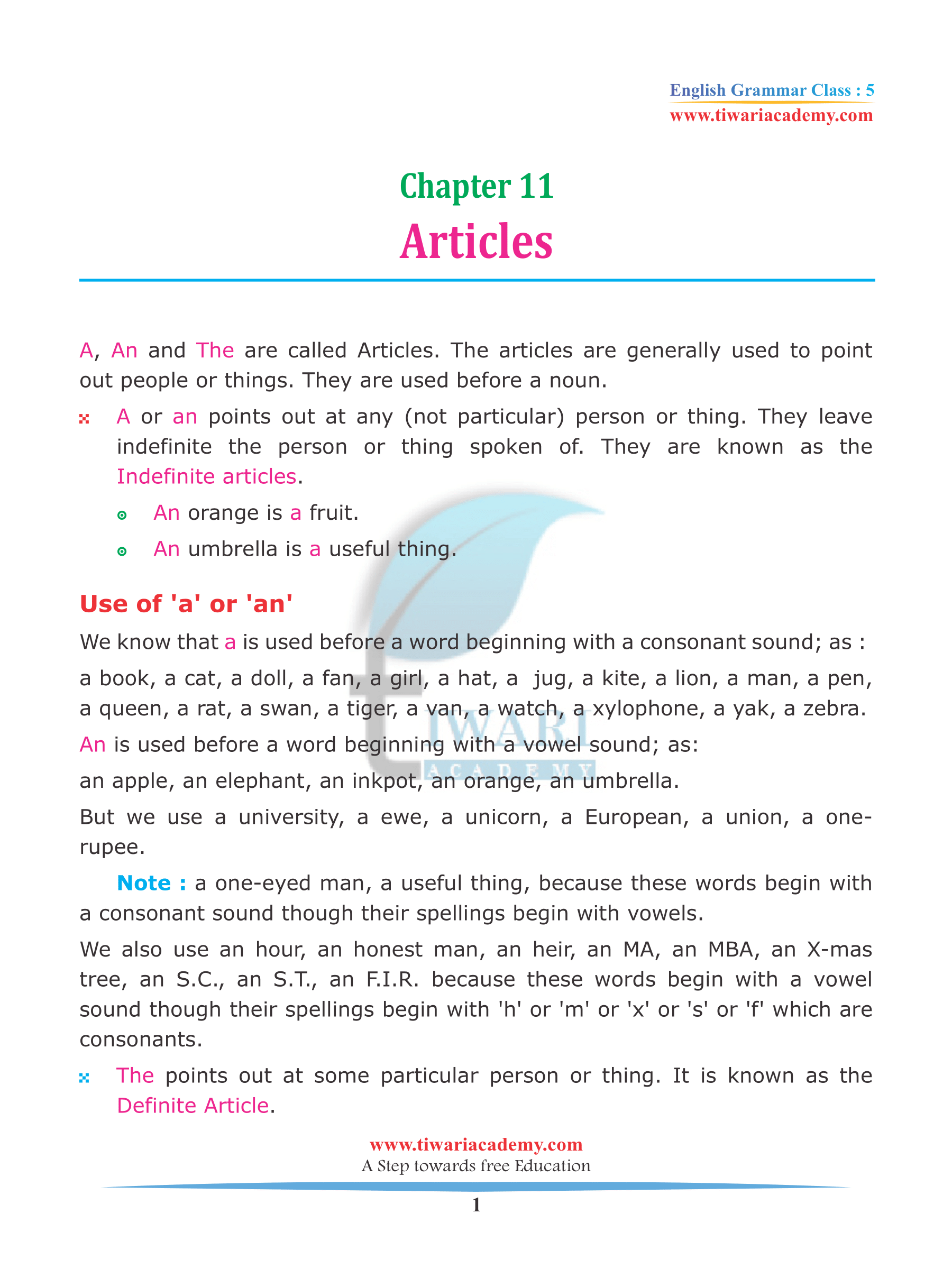 Class 5 English Grammar Chapter 11 Articles Use Of A An The Free Pdf