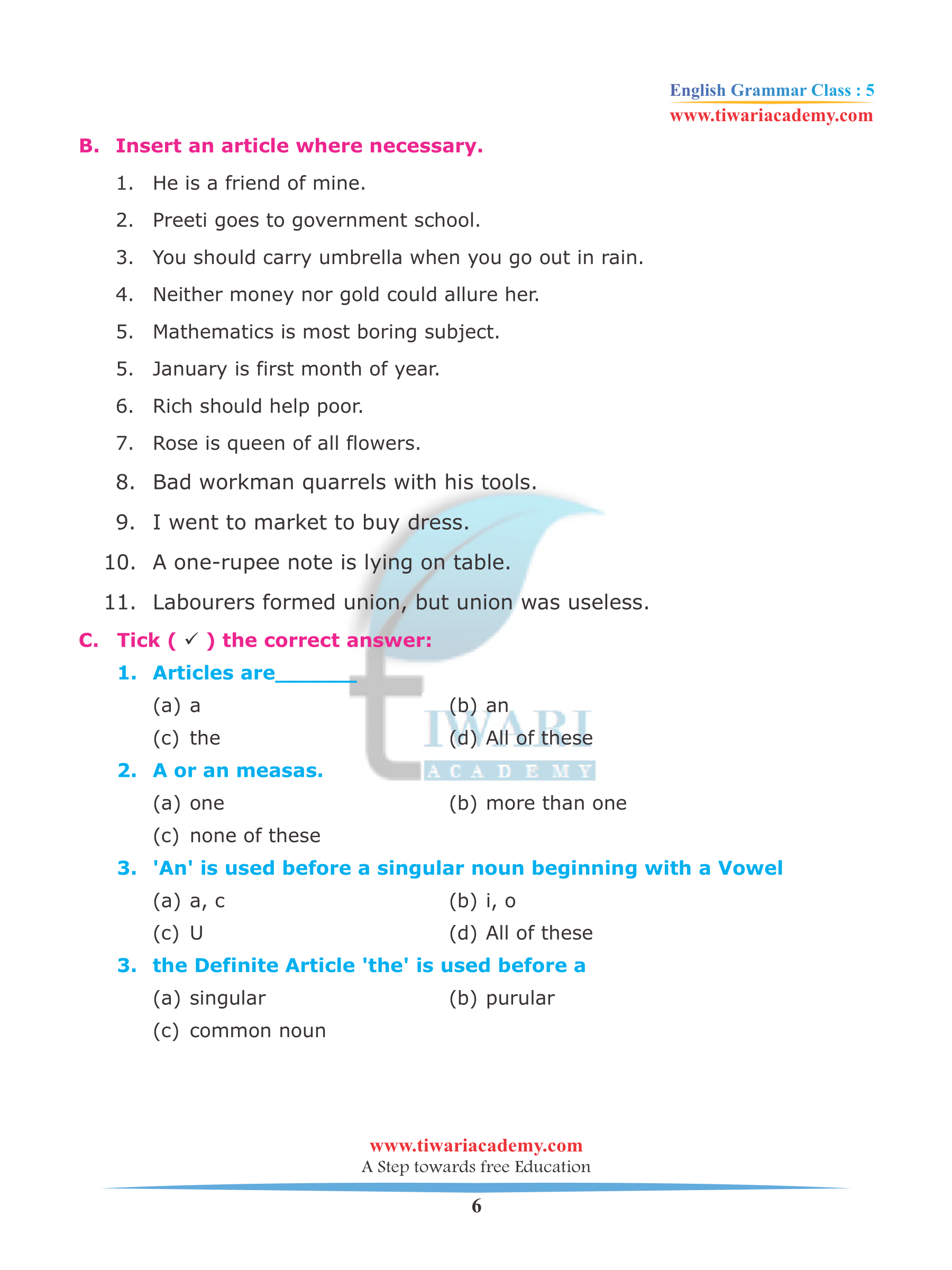 Class 5 English Grammar Chapter 11 Articles Use Of A An The Free Pdf